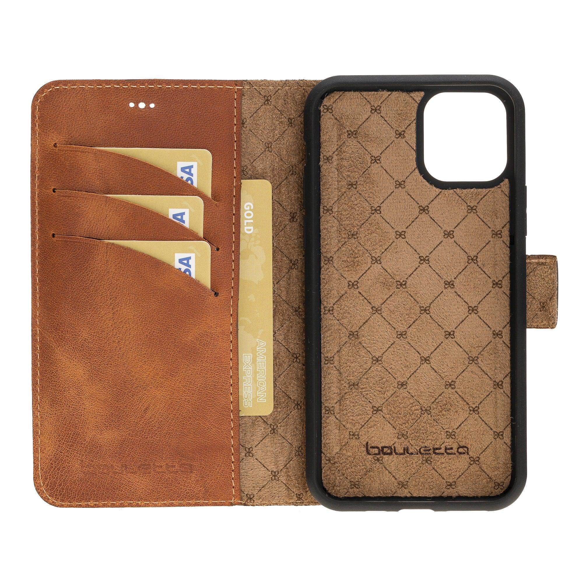 Apple iPhone 11 Series Detachable Leather Wallet Case in black, showcasing its sleek design and card slots.