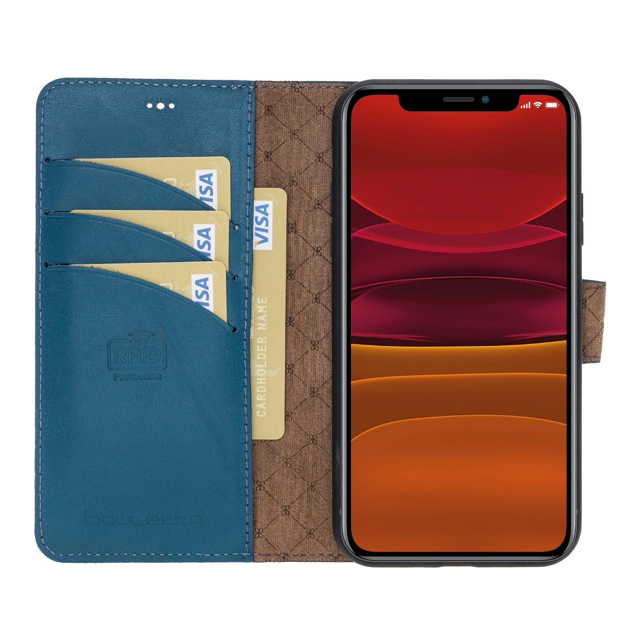 Apple iPhone 11 Series Detachable Leather Wallet Case in black, showcasing its sleek design and card slots.