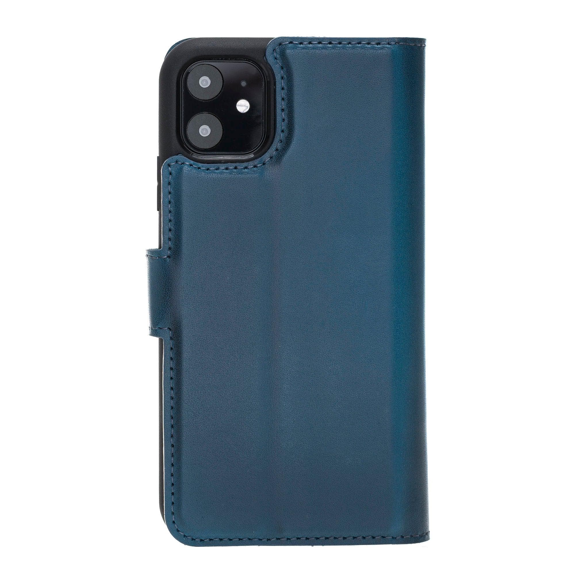 Apple iPhone 11 Series Detachable Leather Wallet Case in black, showcasing its sleek design and card slots.