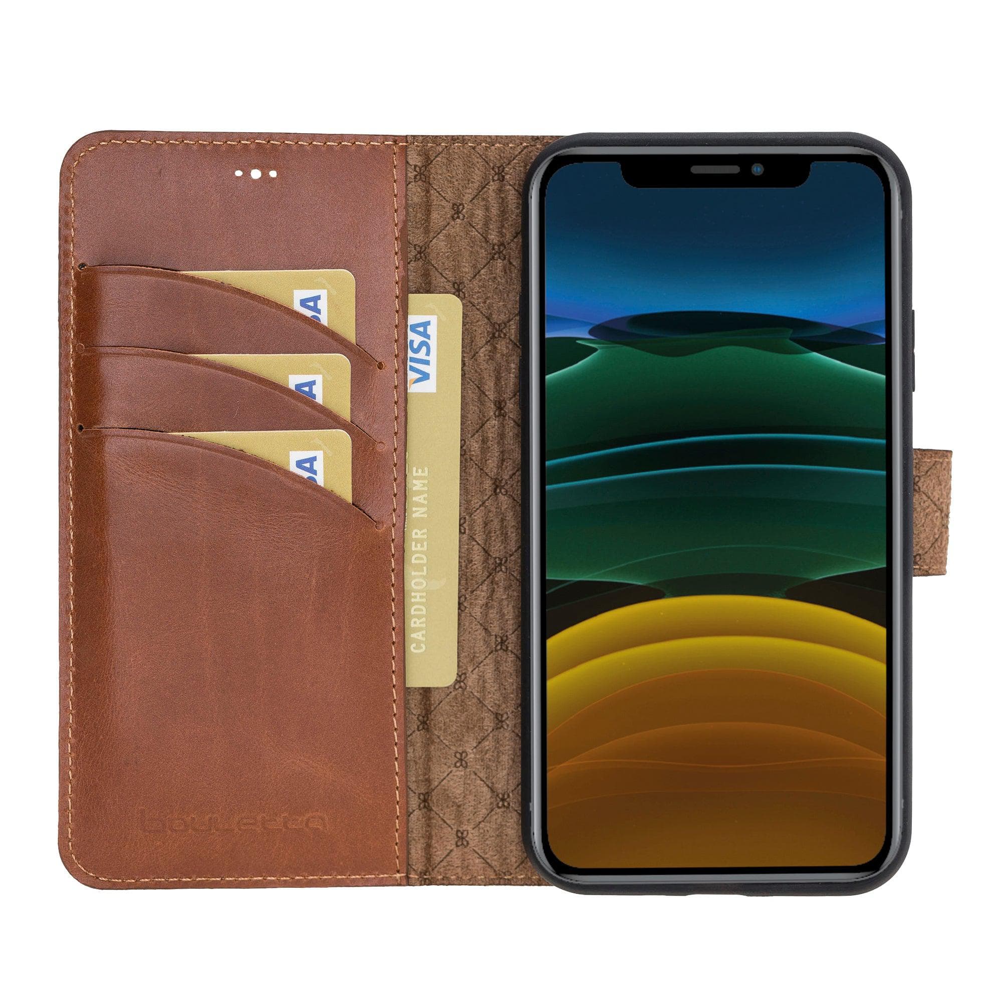 Apple iPhone 11 Series Detachable Leather Wallet Case in black, showcasing its sleek design and card slots.