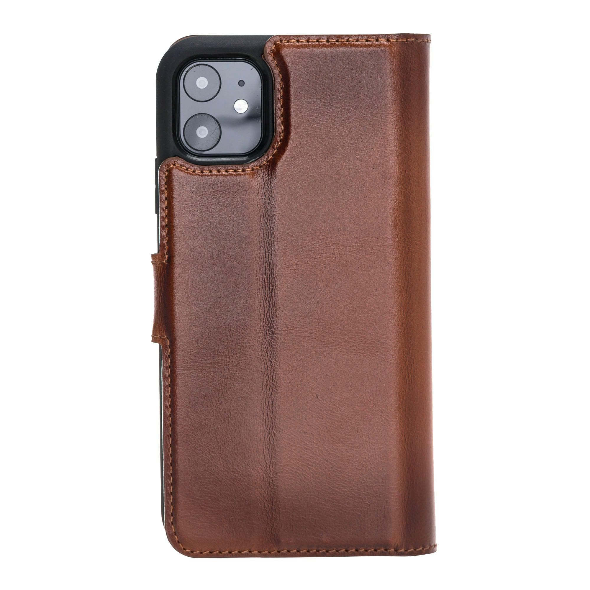 Apple iPhone 11 Series Detachable Leather Wallet Case in black, showcasing its sleek design and card slots.