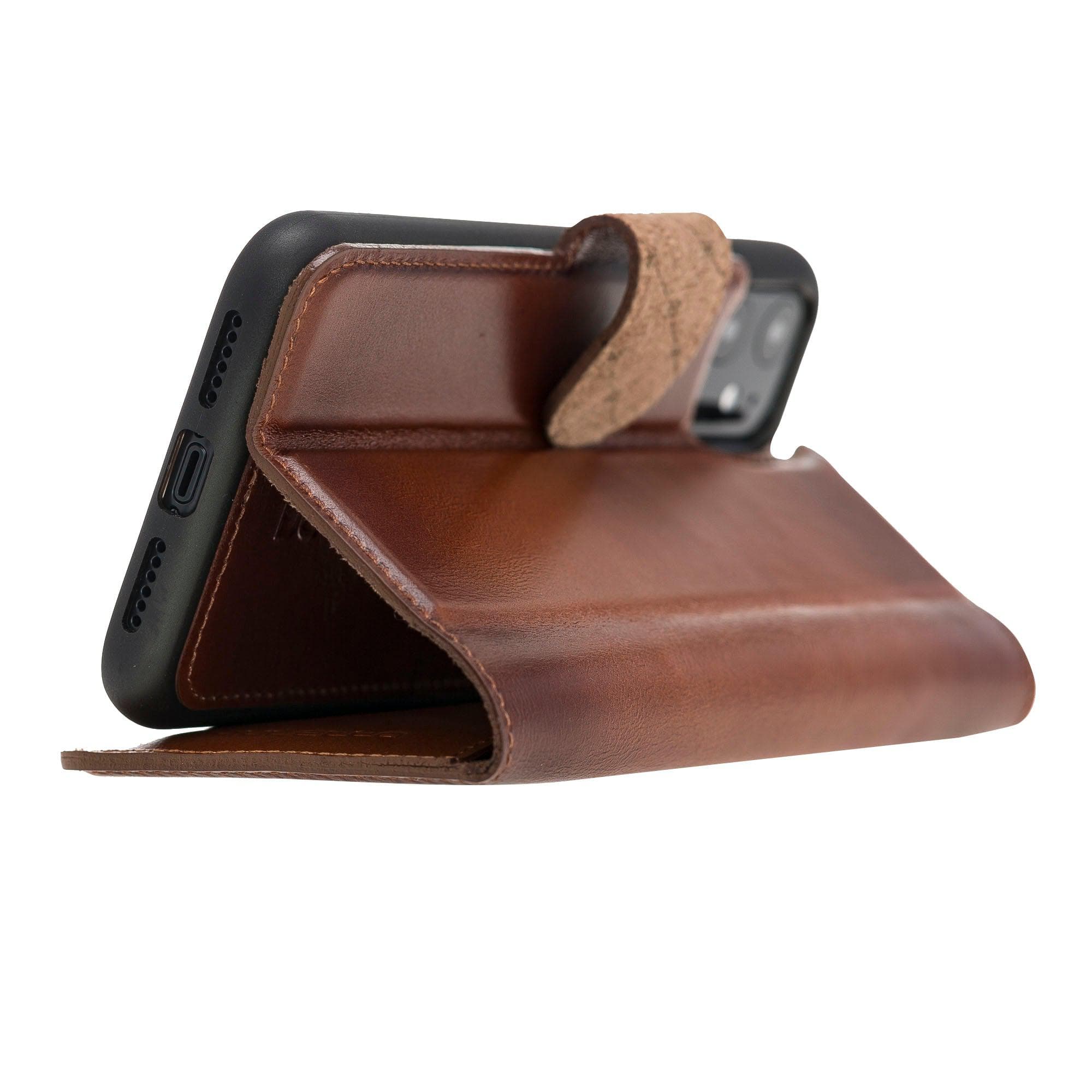 Apple iPhone 11 Series Detachable Leather Wallet Case in black, showcasing its sleek design and card slots.