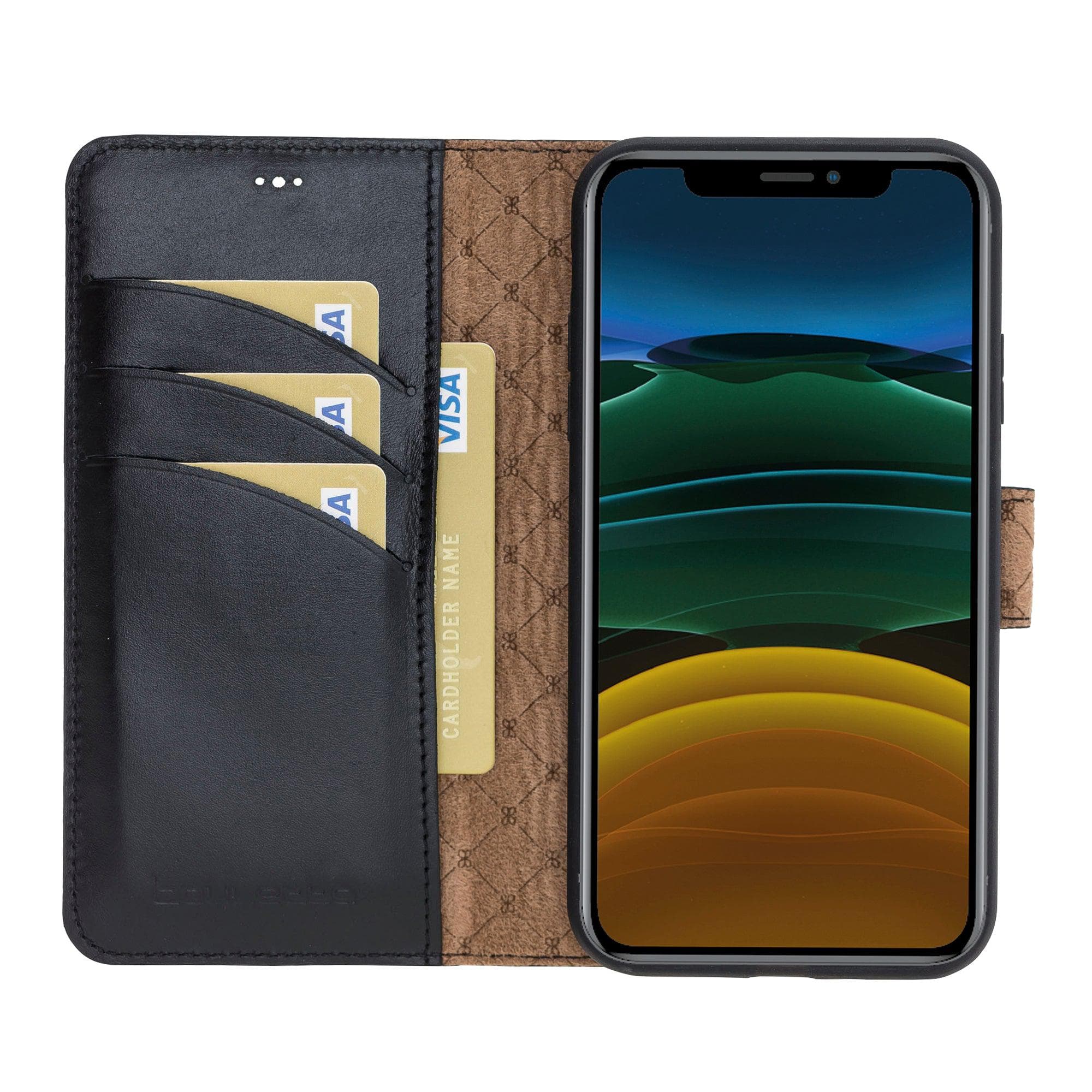 Apple iPhone 11 Series Detachable Leather Wallet Case in black, showcasing its sleek design and card slots.