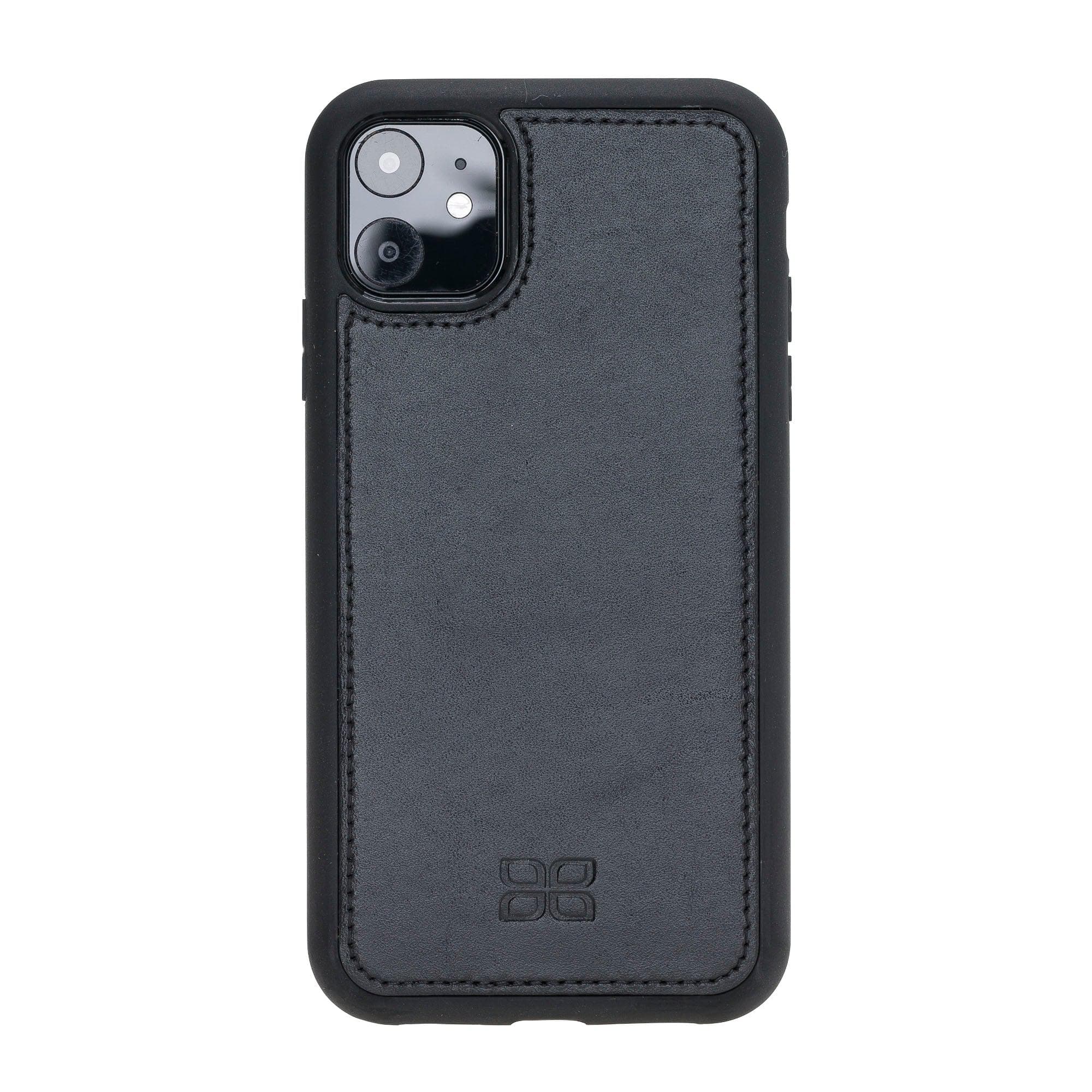 Apple iPhone 11 Series Detachable Leather Wallet Case in black, showcasing its sleek design and card slots.