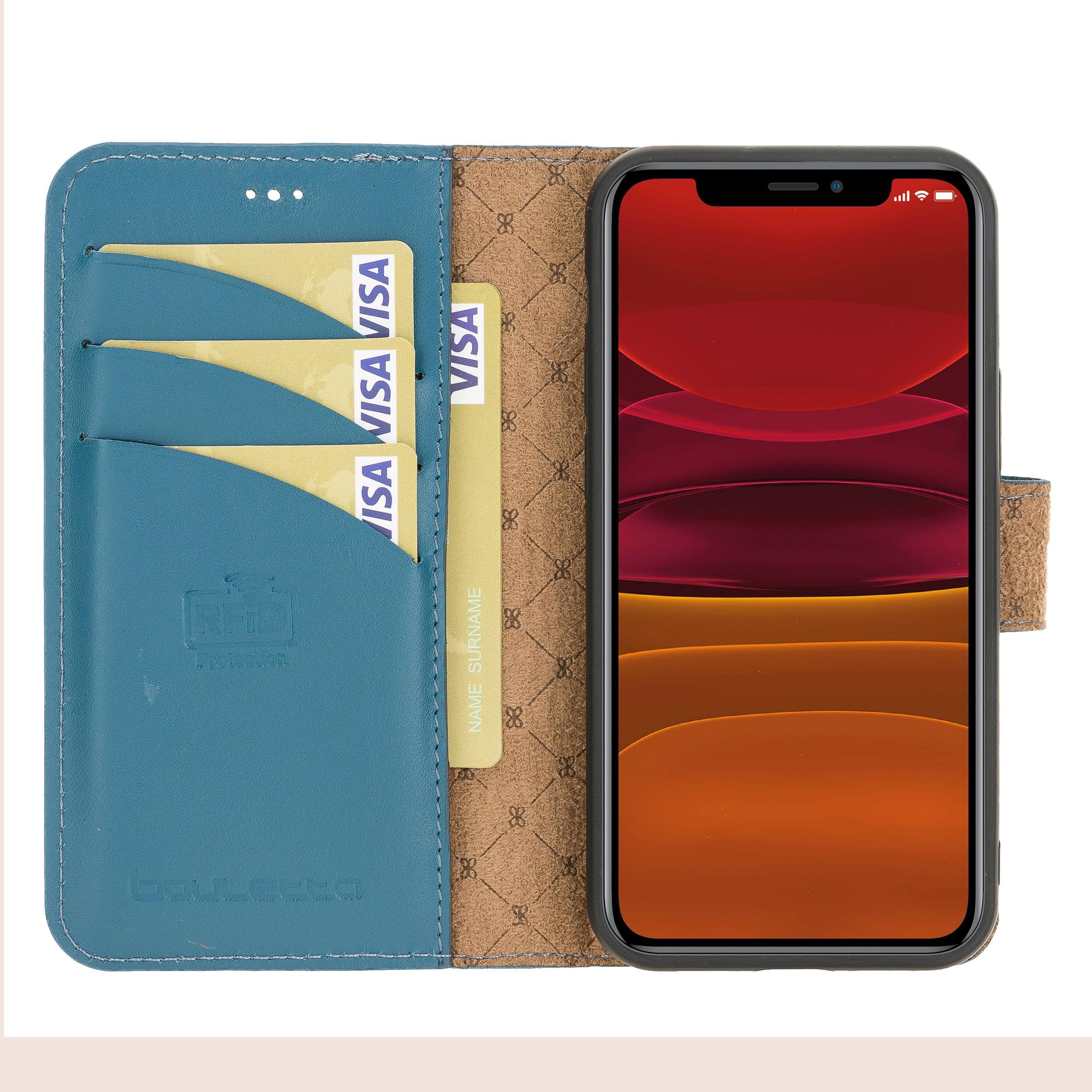 Bouletta iPhone 12 Series Detachable Leather Wallet Case in black, showcasing card slots and banknotes compartment.