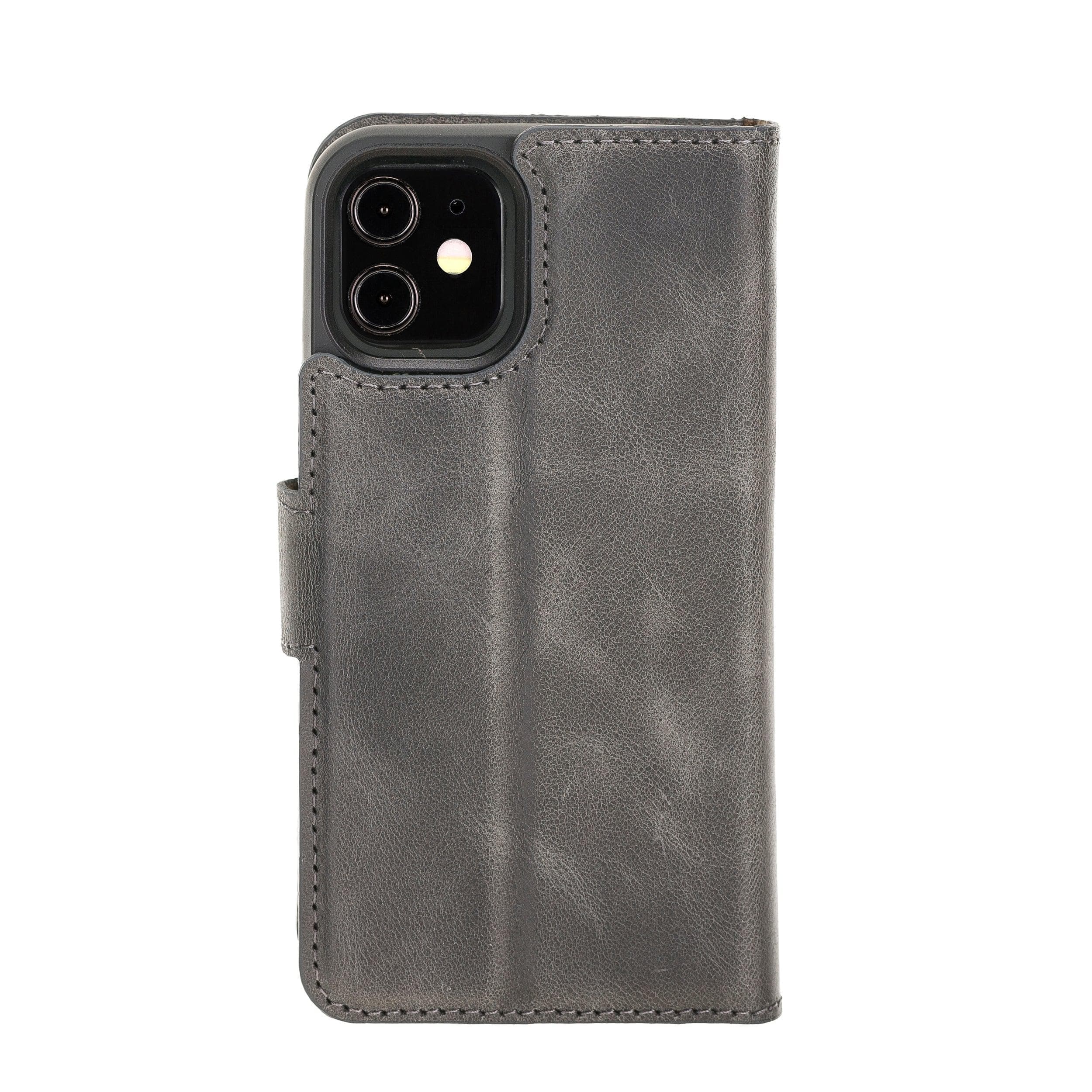 Bouletta iPhone 12 Series Detachable Leather Wallet Case in black, showcasing card slots and banknotes compartment.