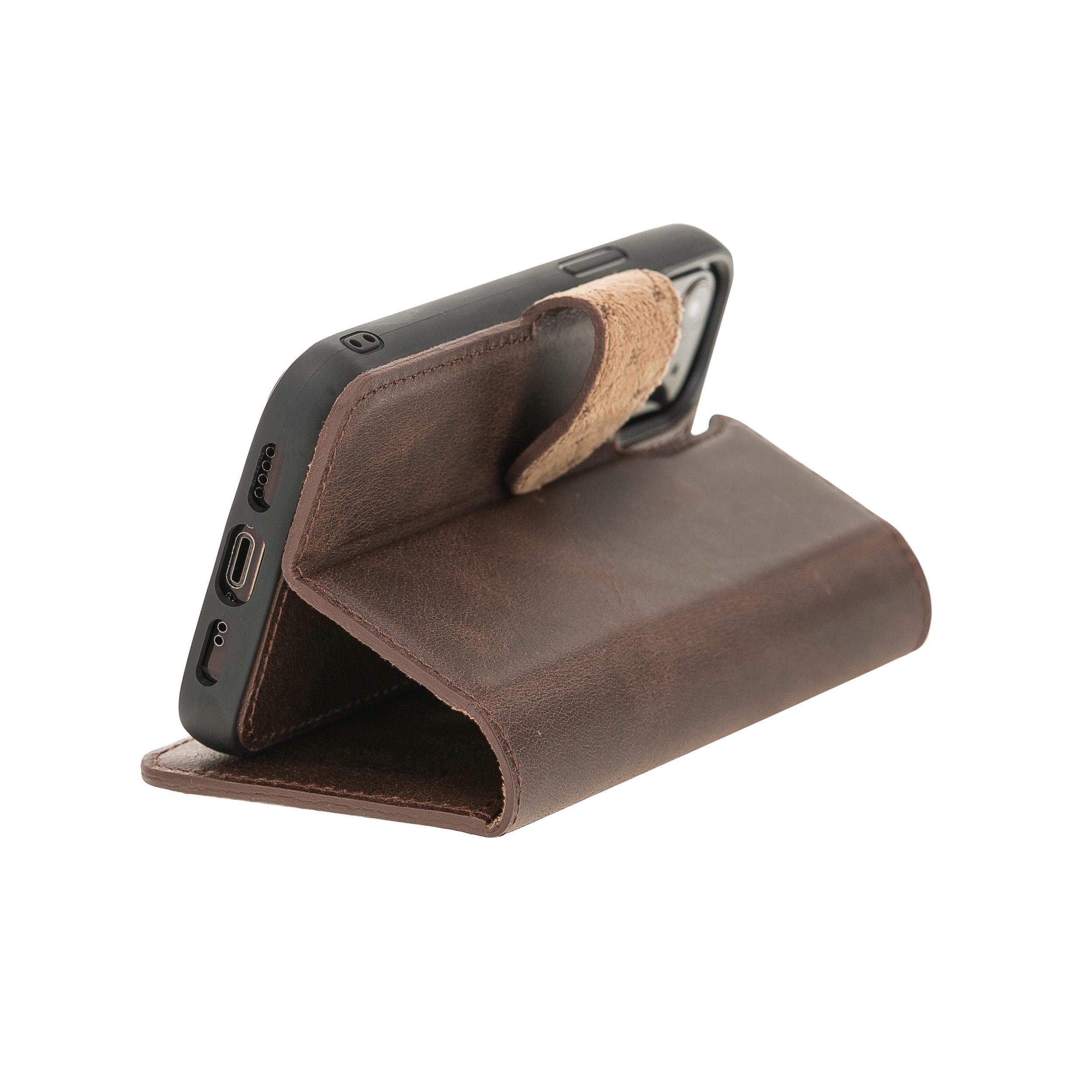 Bouletta iPhone 12 Series Detachable Leather Wallet Case in black, showcasing card slots and banknotes compartment.