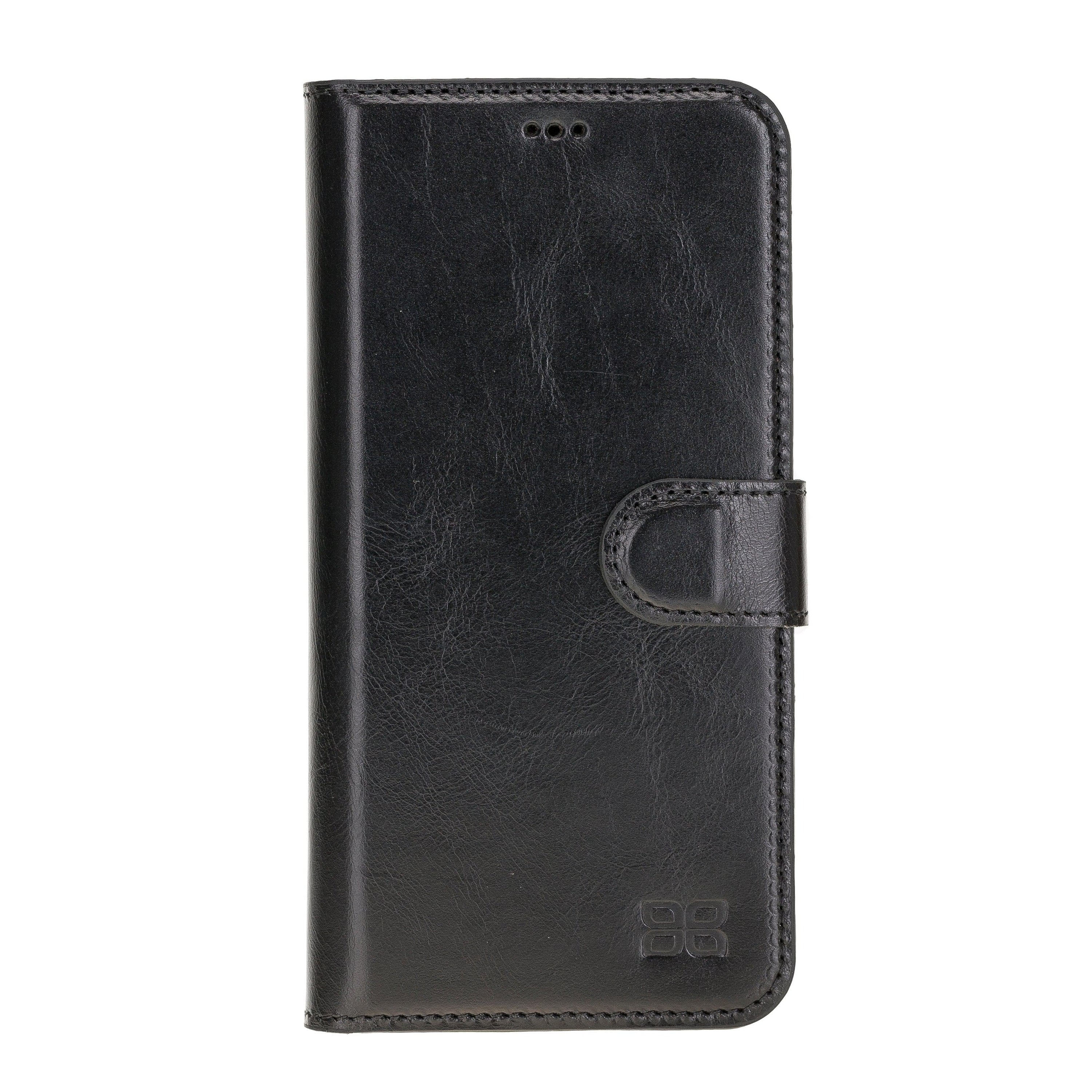 Bouletta iPhone 12 Series Detachable Leather Wallet Case in black, showcasing card slots and banknotes compartment.