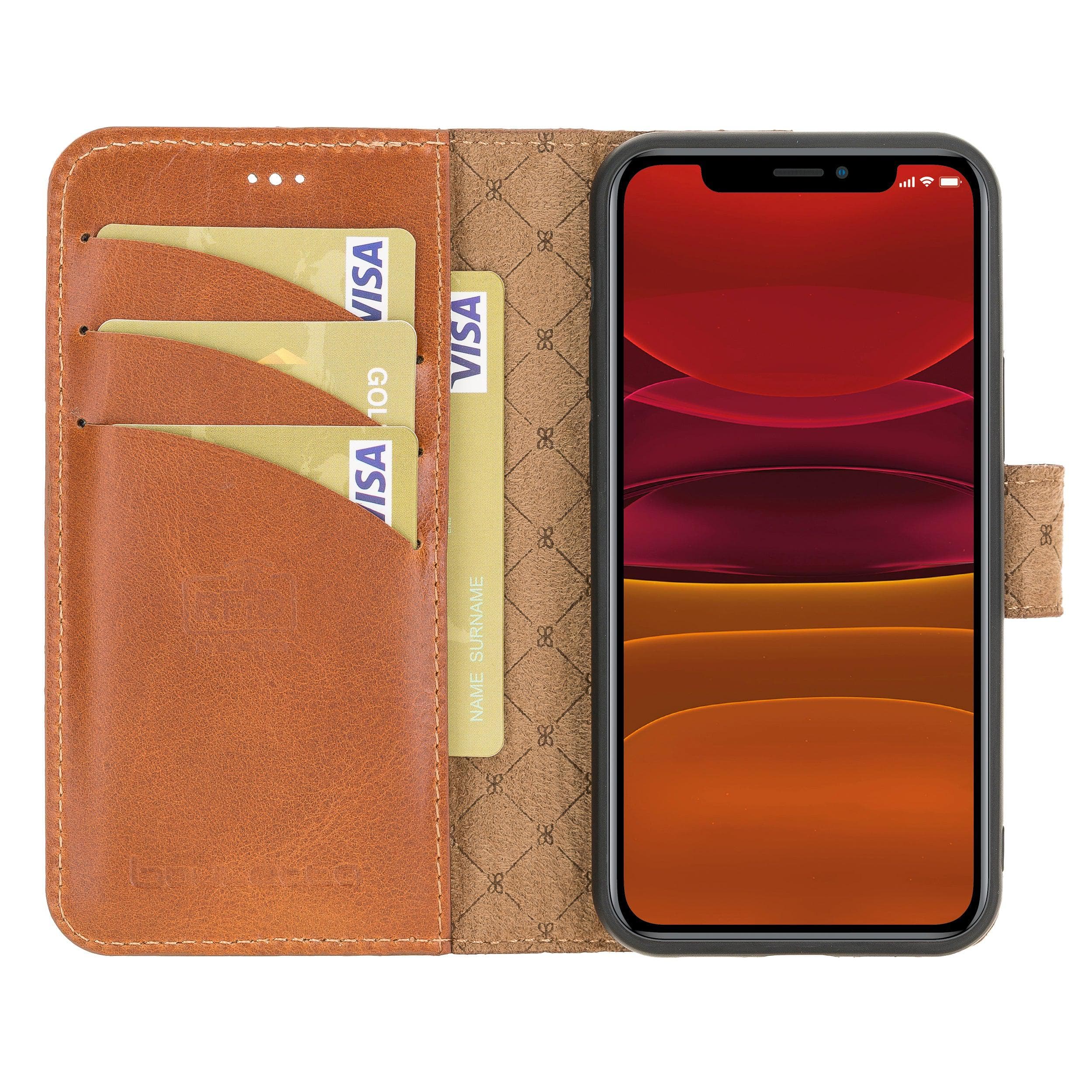 Bouletta iPhone 12 Series Detachable Leather Wallet Case in black, showcasing card slots and banknotes compartment.