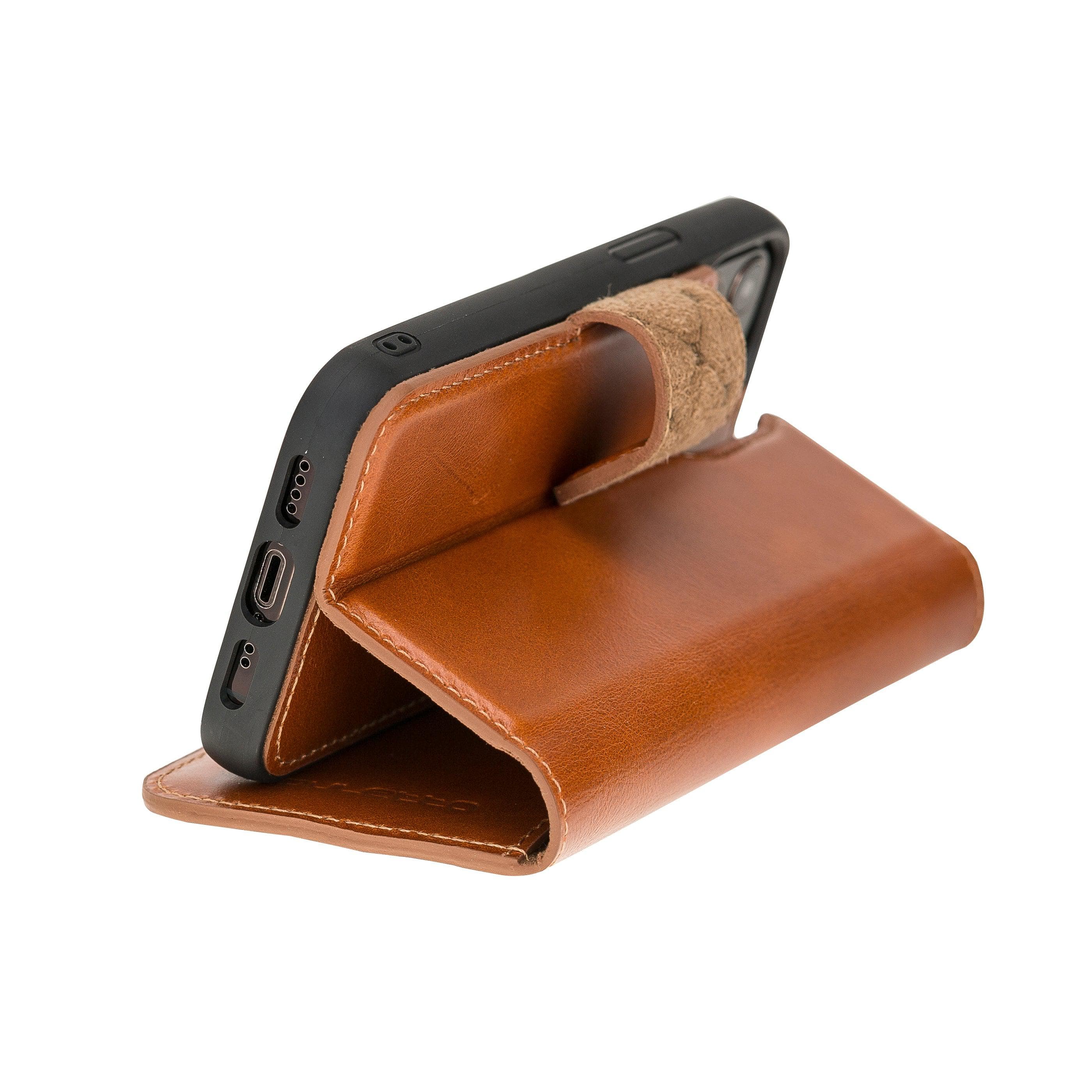 Bouletta iPhone 12 Series Detachable Leather Wallet Case in black, showcasing card slots and banknotes compartment.