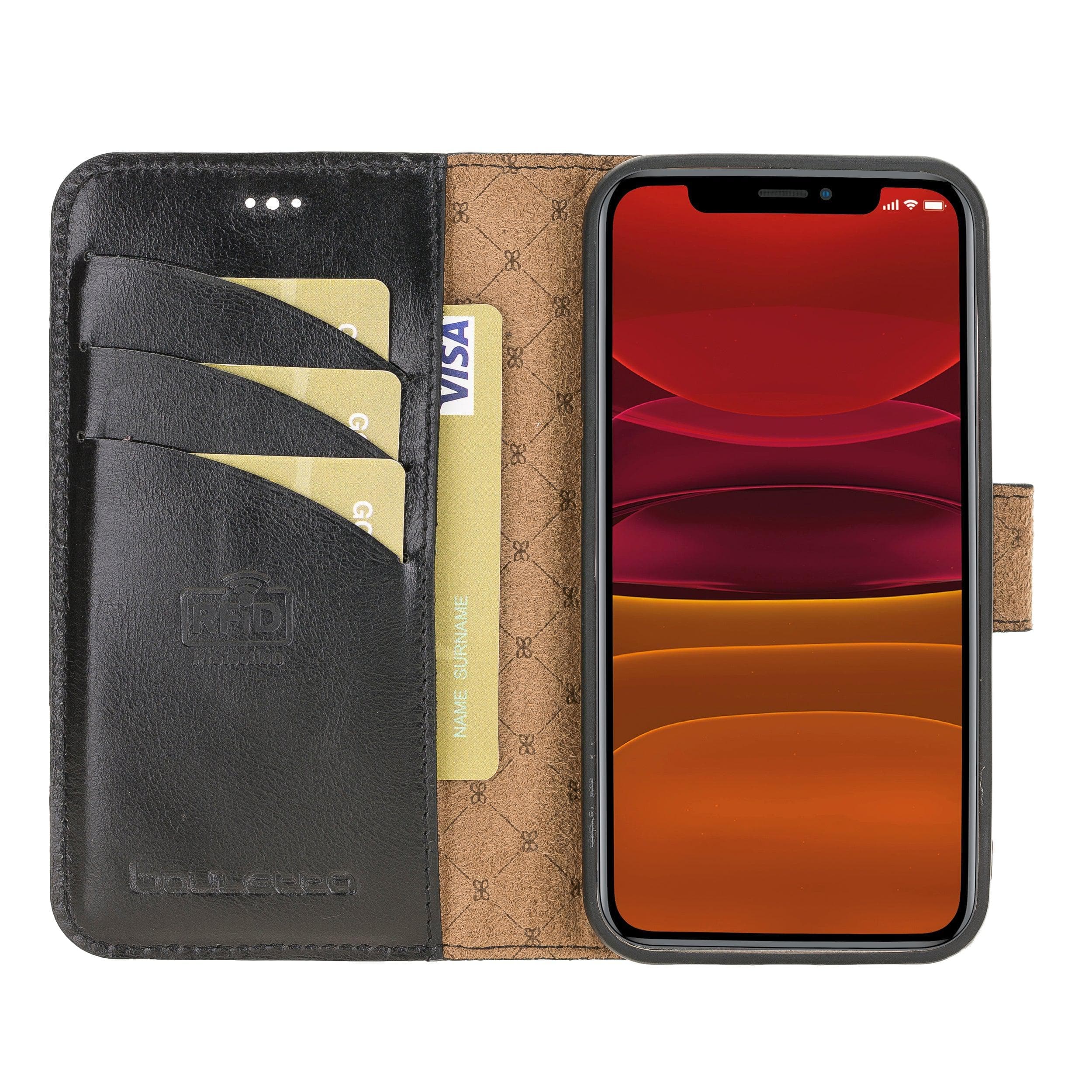 Bouletta iPhone 12 Series Detachable Leather Wallet Case in black, showcasing card slots and banknotes compartment.