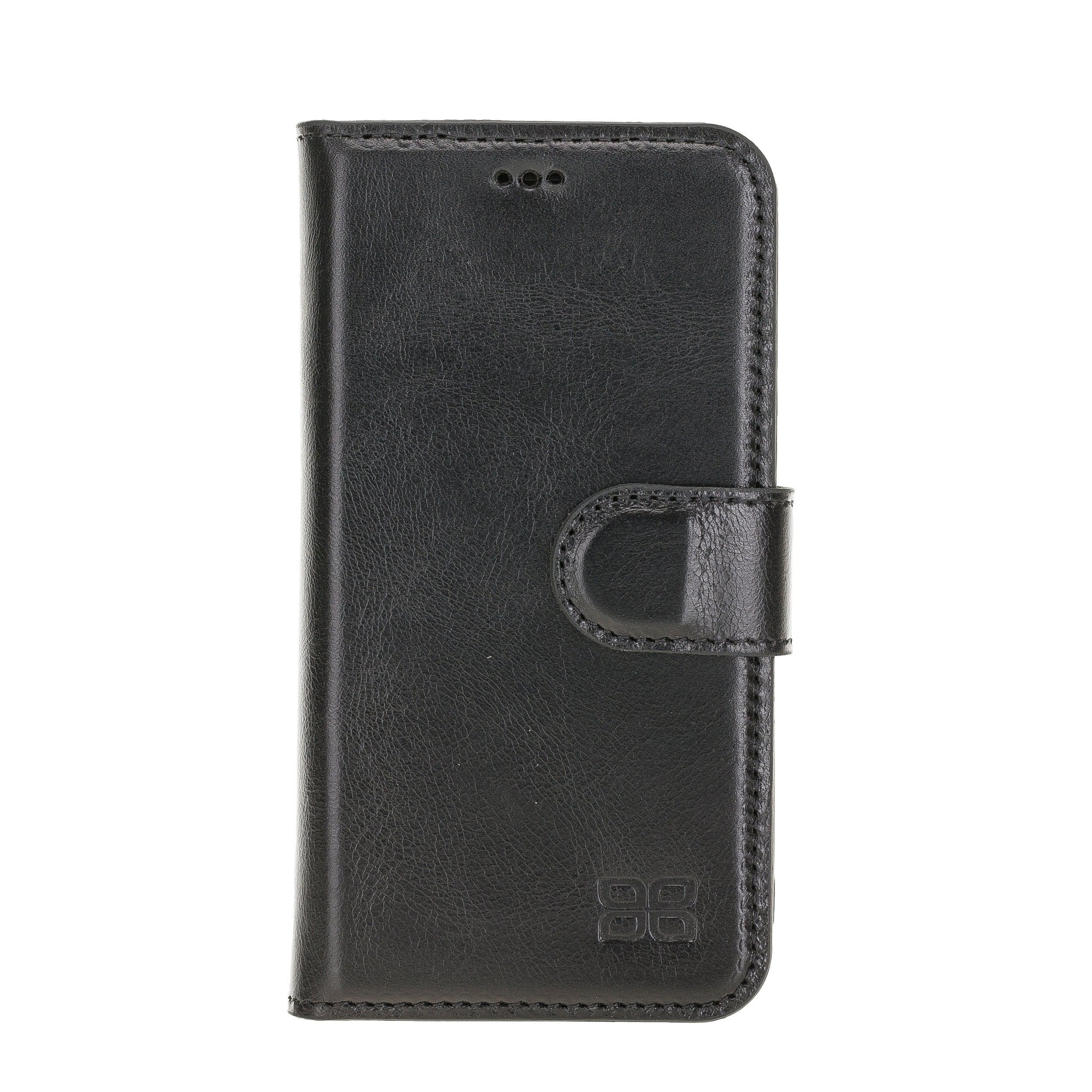 Bouletta iPhone 12 Series Detachable Leather Wallet Case in black, showcasing card slots and banknotes compartment.