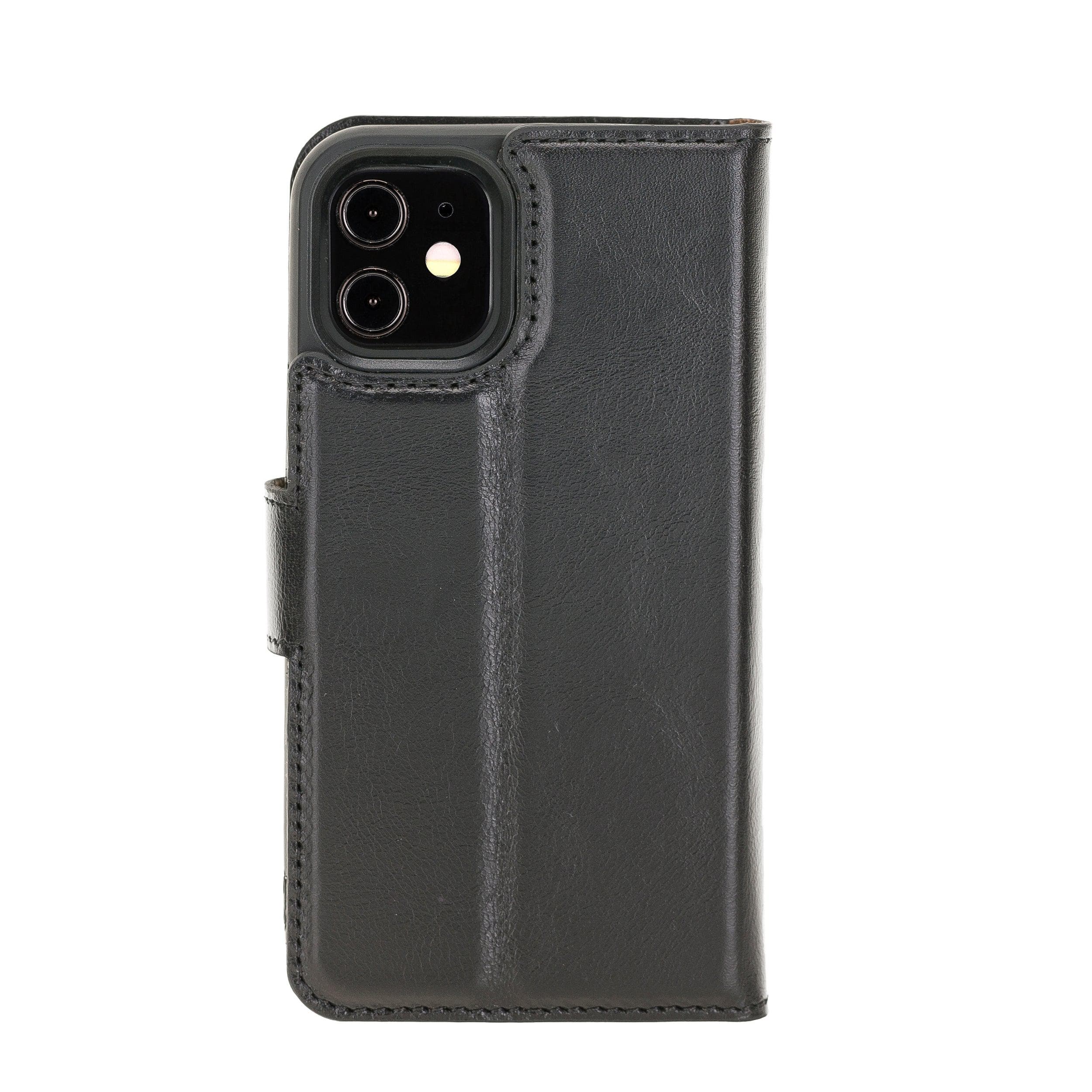 Bouletta iPhone 12 Series Detachable Leather Wallet Case in black, showcasing card slots and banknotes compartment.