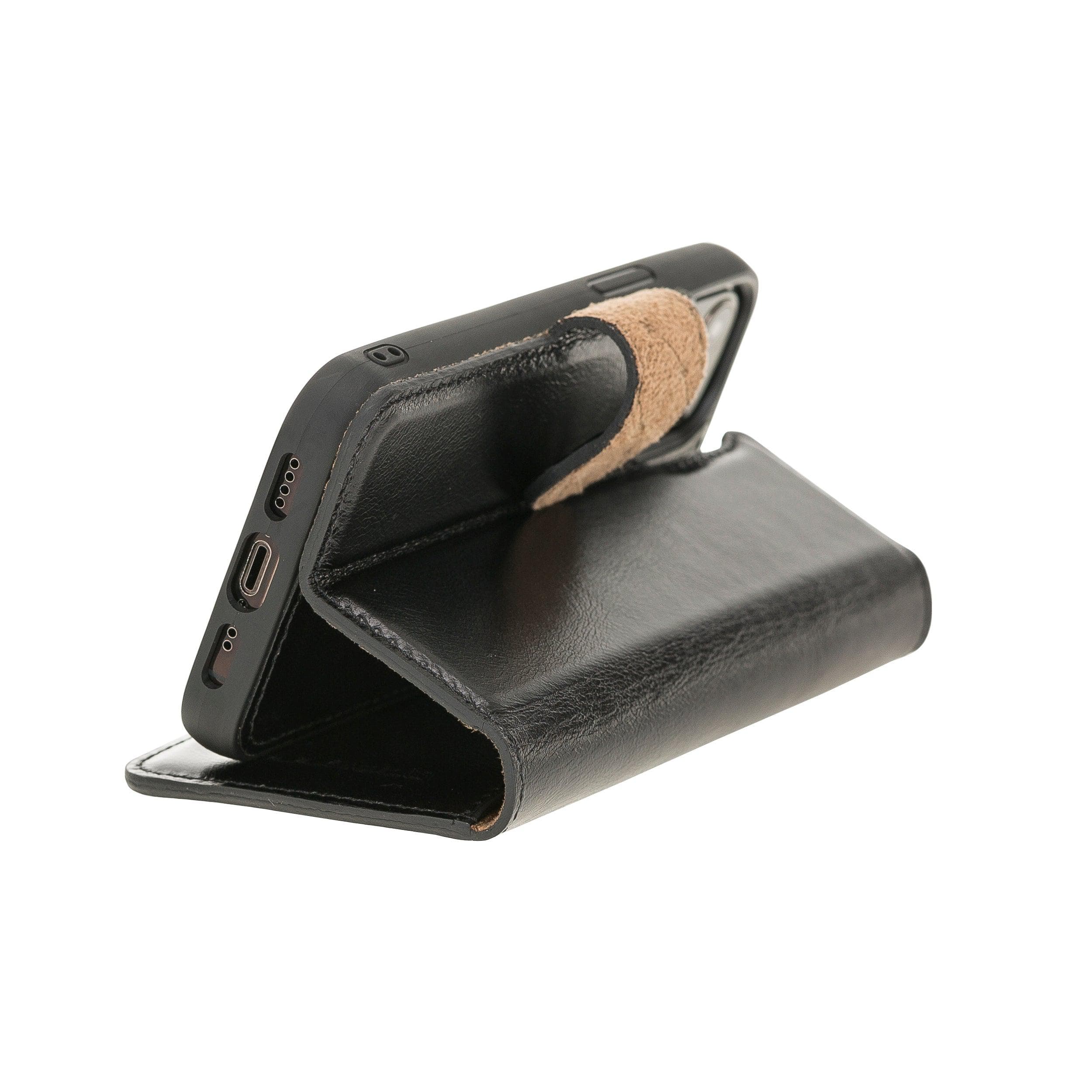 Bouletta iPhone 12 Series Detachable Leather Wallet Case in black, showcasing card slots and banknotes compartment.