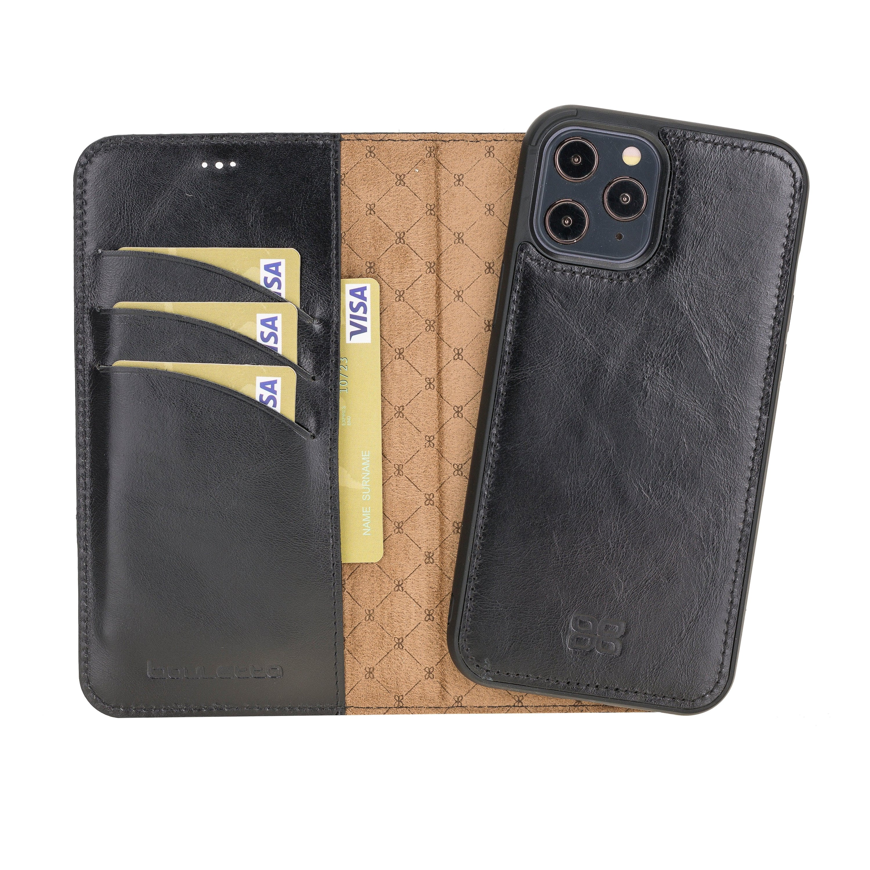 Bouletta iPhone 12 Series Detachable Leather Wallet Case in black, showcasing card slots and banknotes compartment.