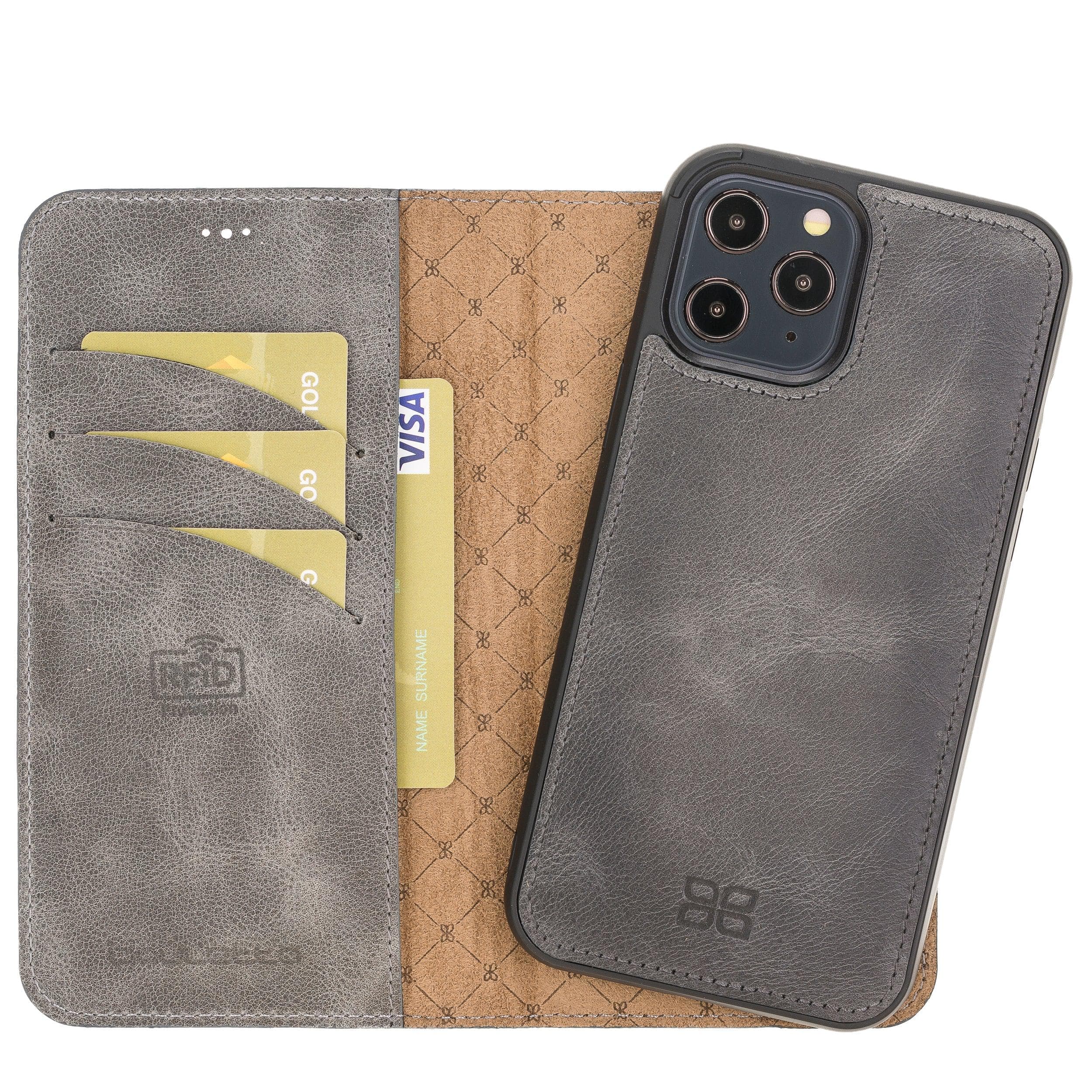 Bouletta iPhone 12 Series Detachable Leather Wallet Case in black, showcasing card slots and banknotes compartment.