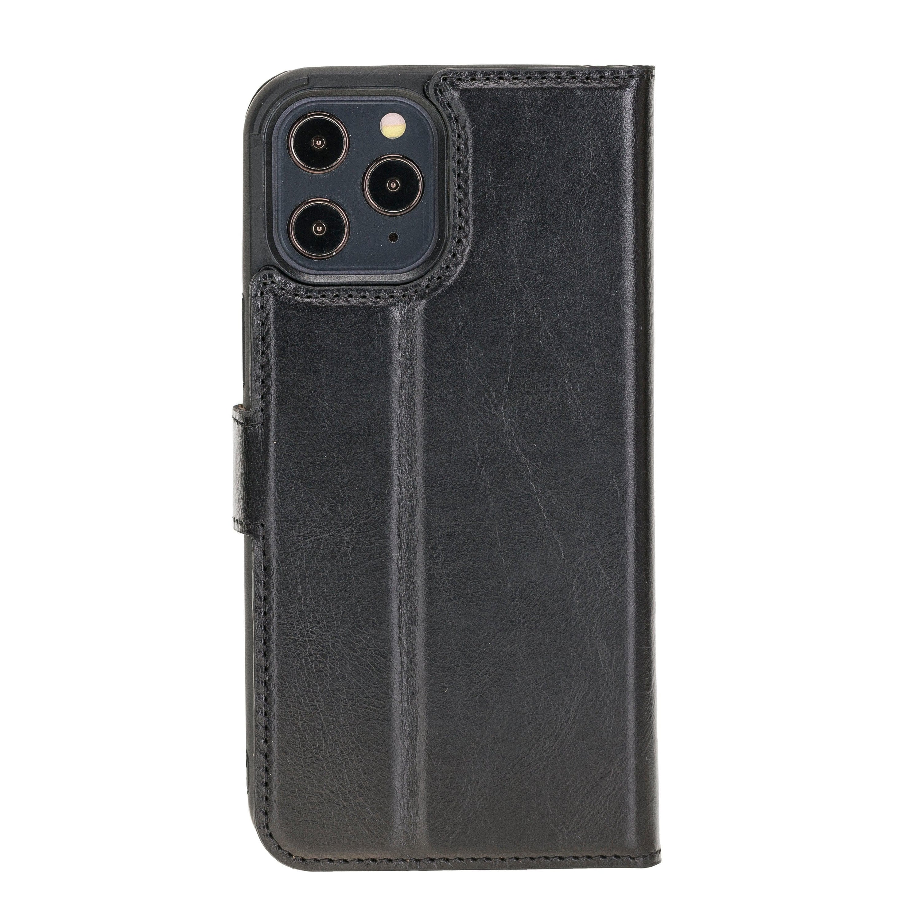 Bouletta iPhone 12 Series Detachable Leather Wallet Case in black, showcasing card slots and banknotes compartment.