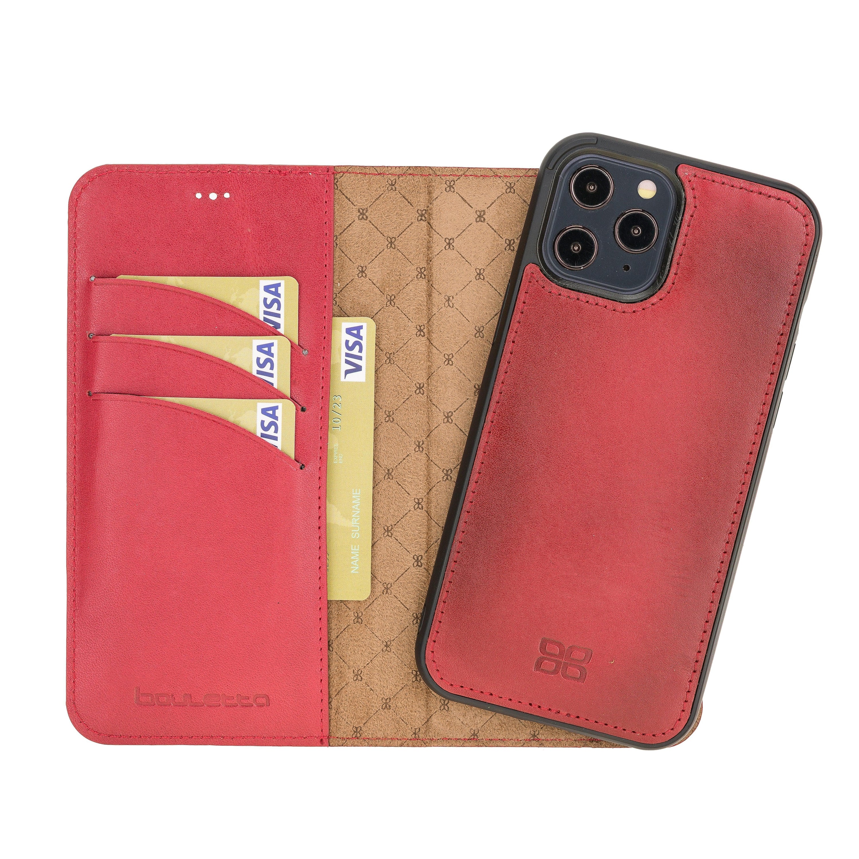 Bouletta iPhone 12 Series Detachable Leather Wallet Case in black, showcasing card slots and banknotes compartment.