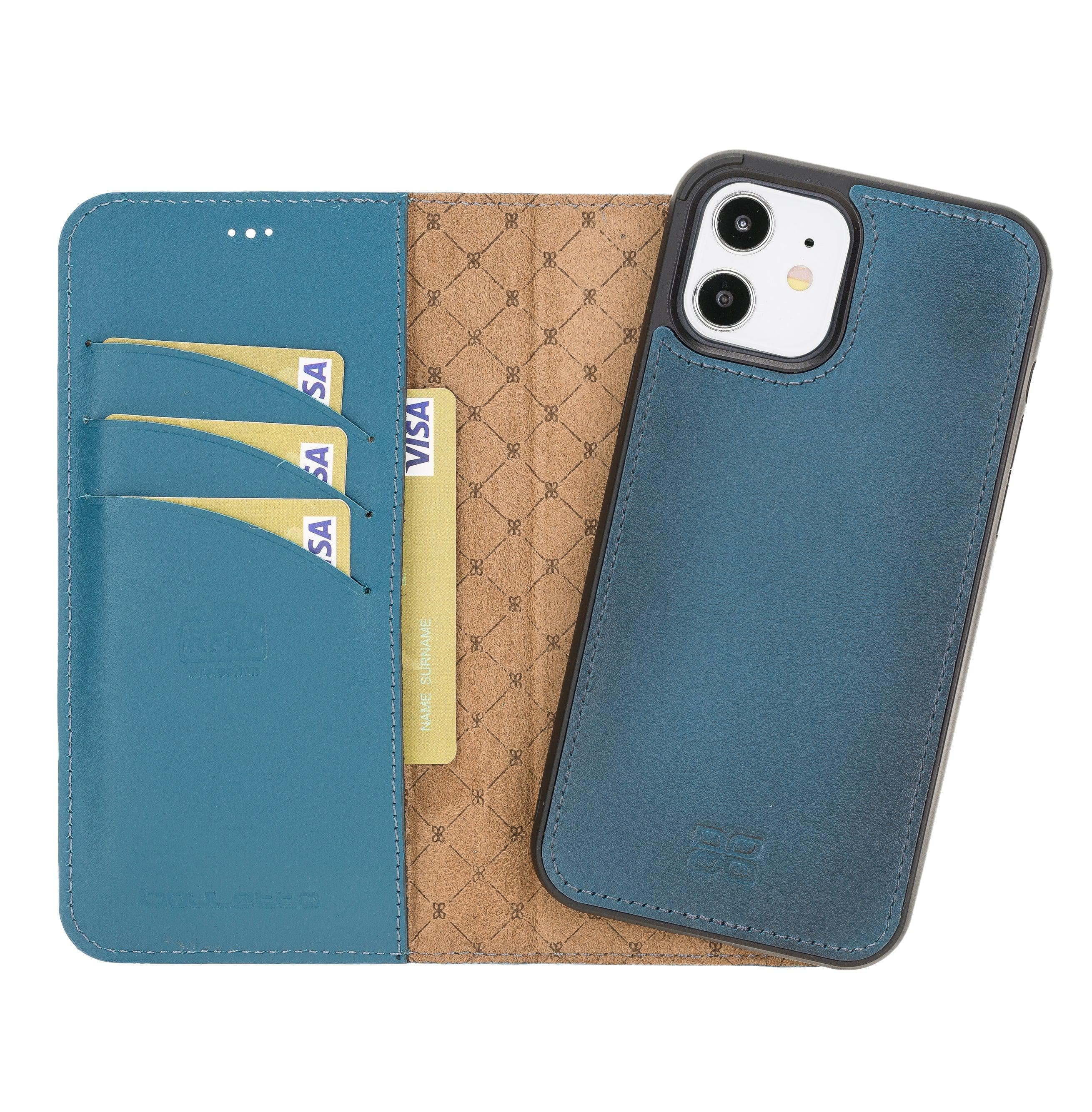 Bouletta iPhone 12 Series Detachable Leather Wallet Case in black, showcasing card slots and banknotes compartment.