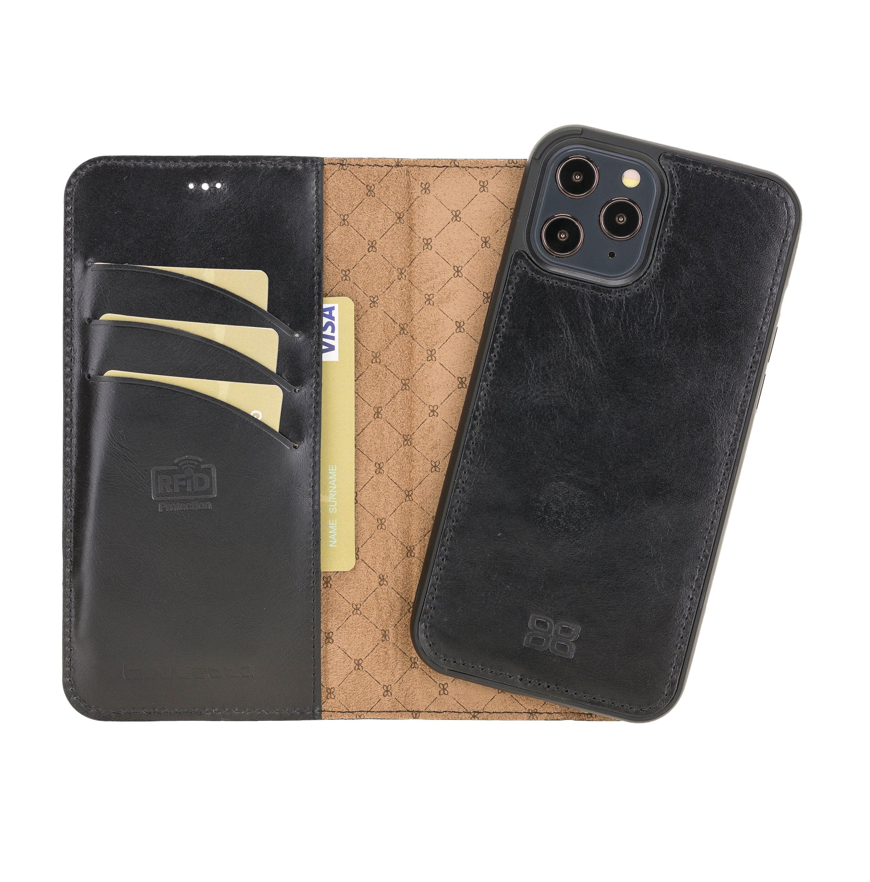 Bouletta iPhone 12 Series Detachable Leather Wallet Case in black, showcasing card slots and banknotes compartment.