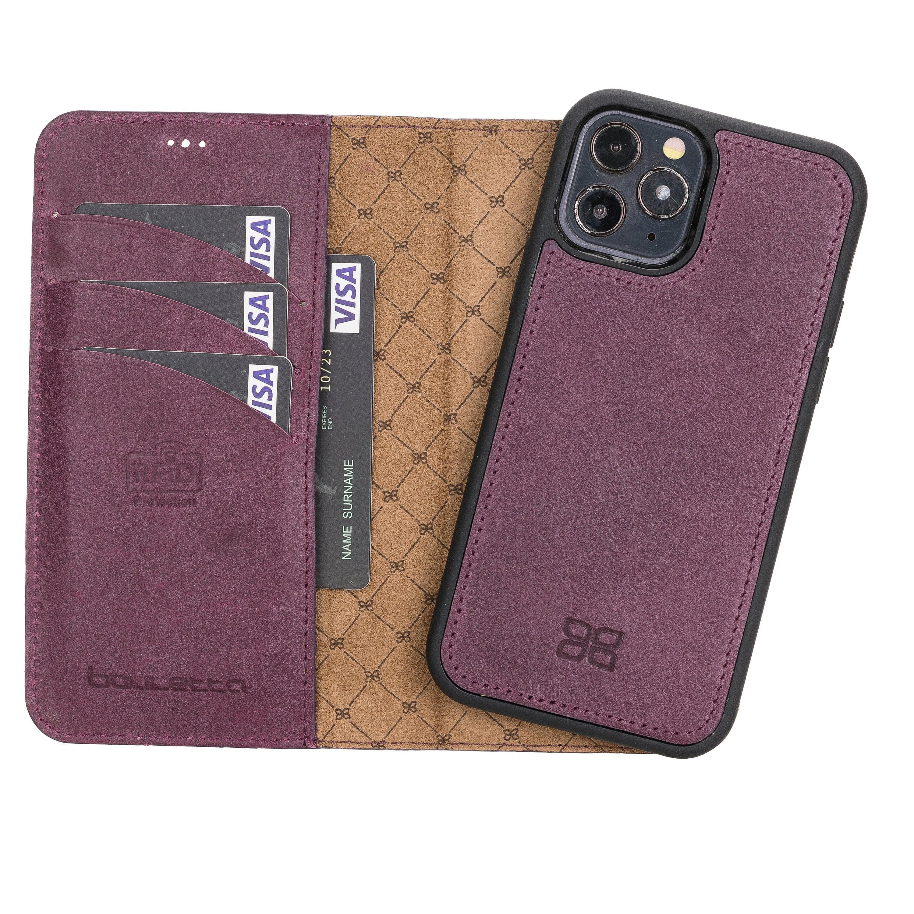 Bouletta iPhone 12 Series Detachable Leather Wallet Case in black, showcasing card slots and banknotes compartment.