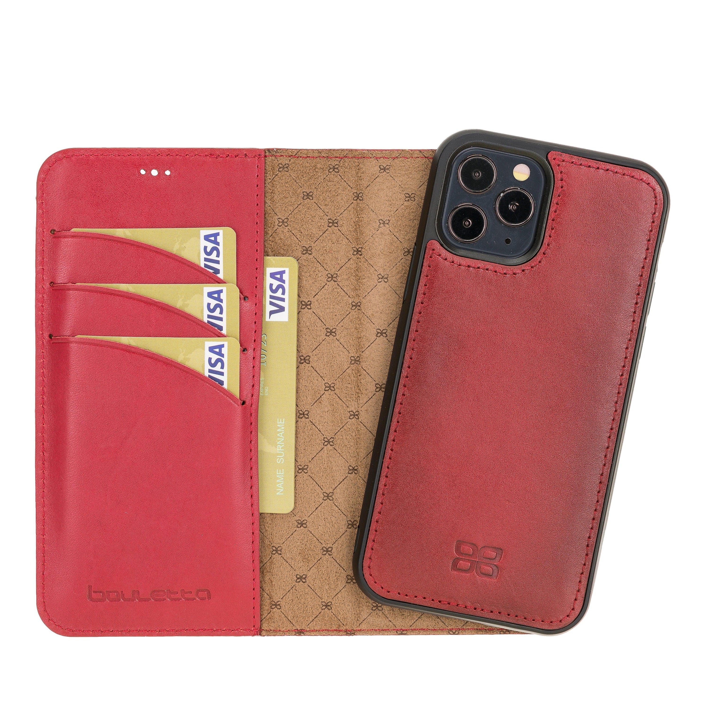 Bouletta iPhone 12 Series Detachable Leather Wallet Case in black, showcasing card slots and banknotes compartment.