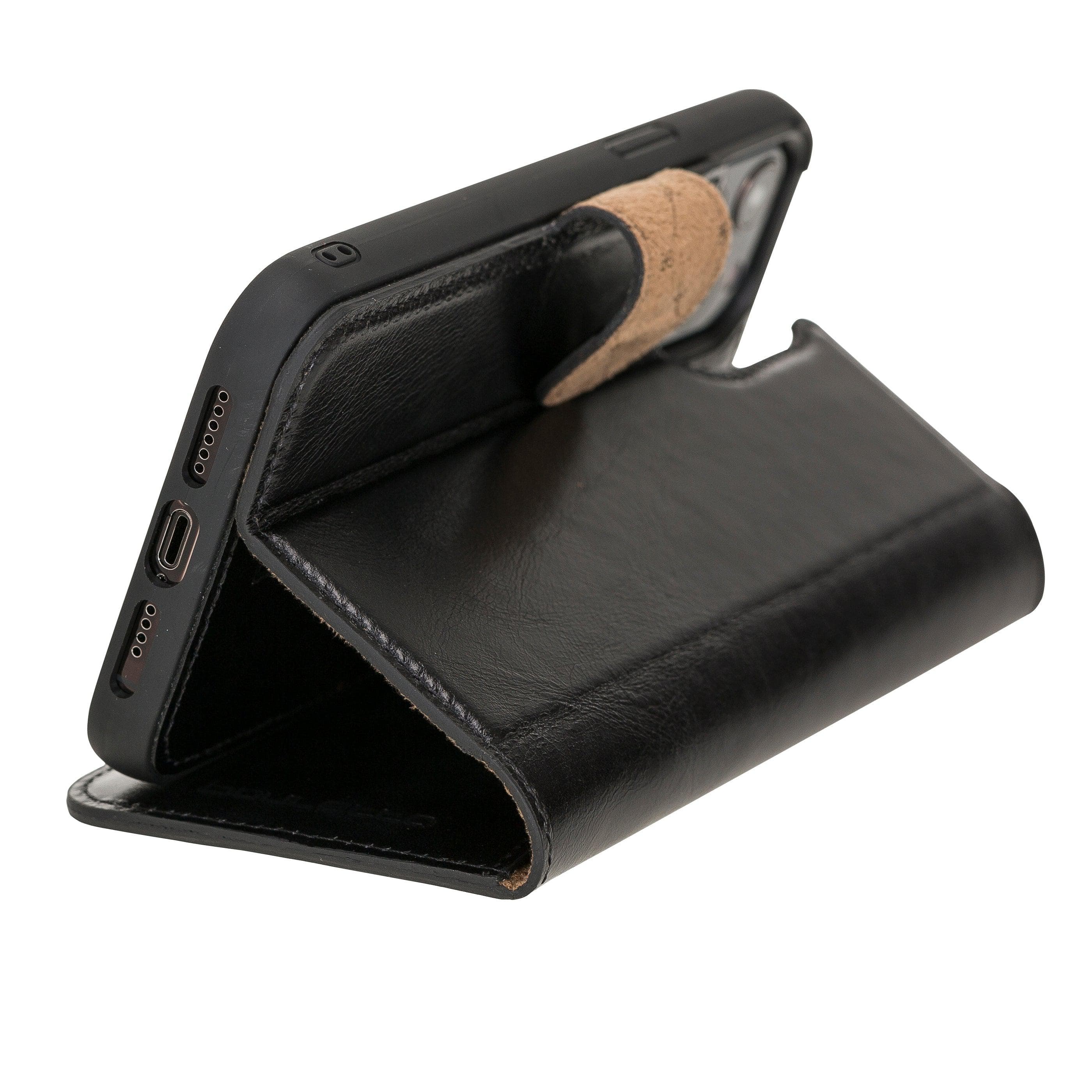 Bouletta iPhone 12 Series Detachable Leather Wallet Case in black, showcasing card slots and banknotes compartment.