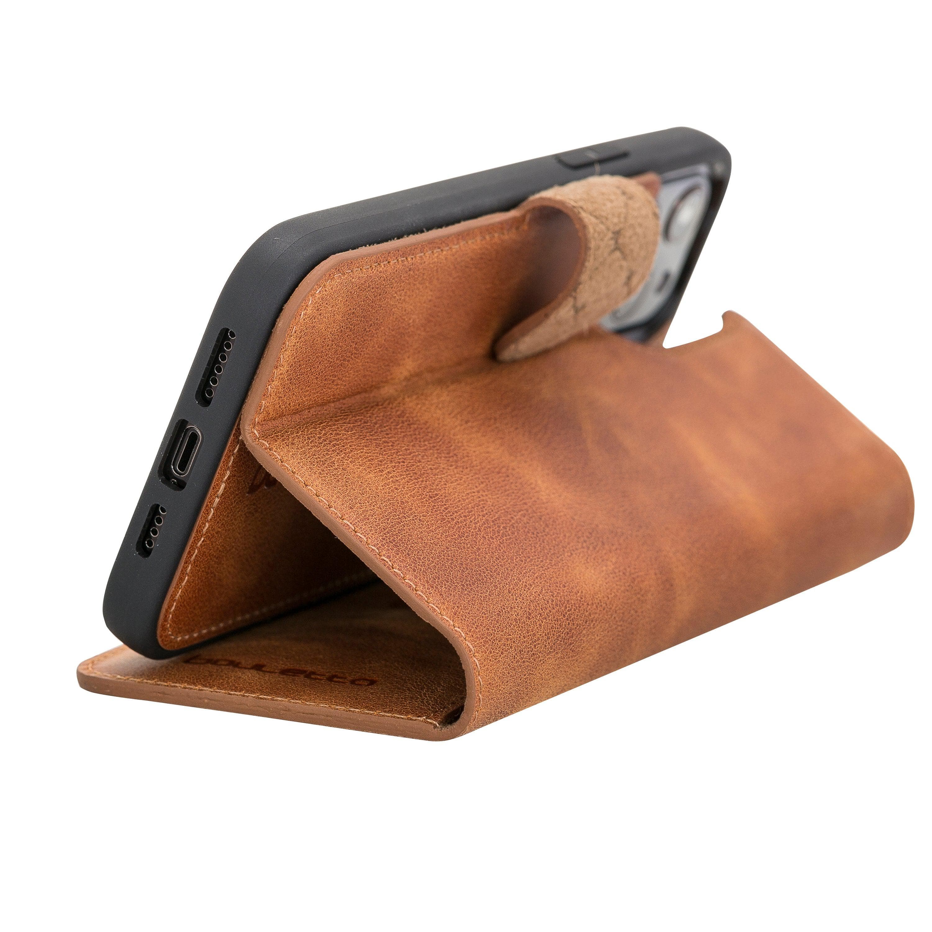 Bouletta iPhone 12 Series Detachable Leather Wallet Case in black, showcasing card slots and banknotes compartment.