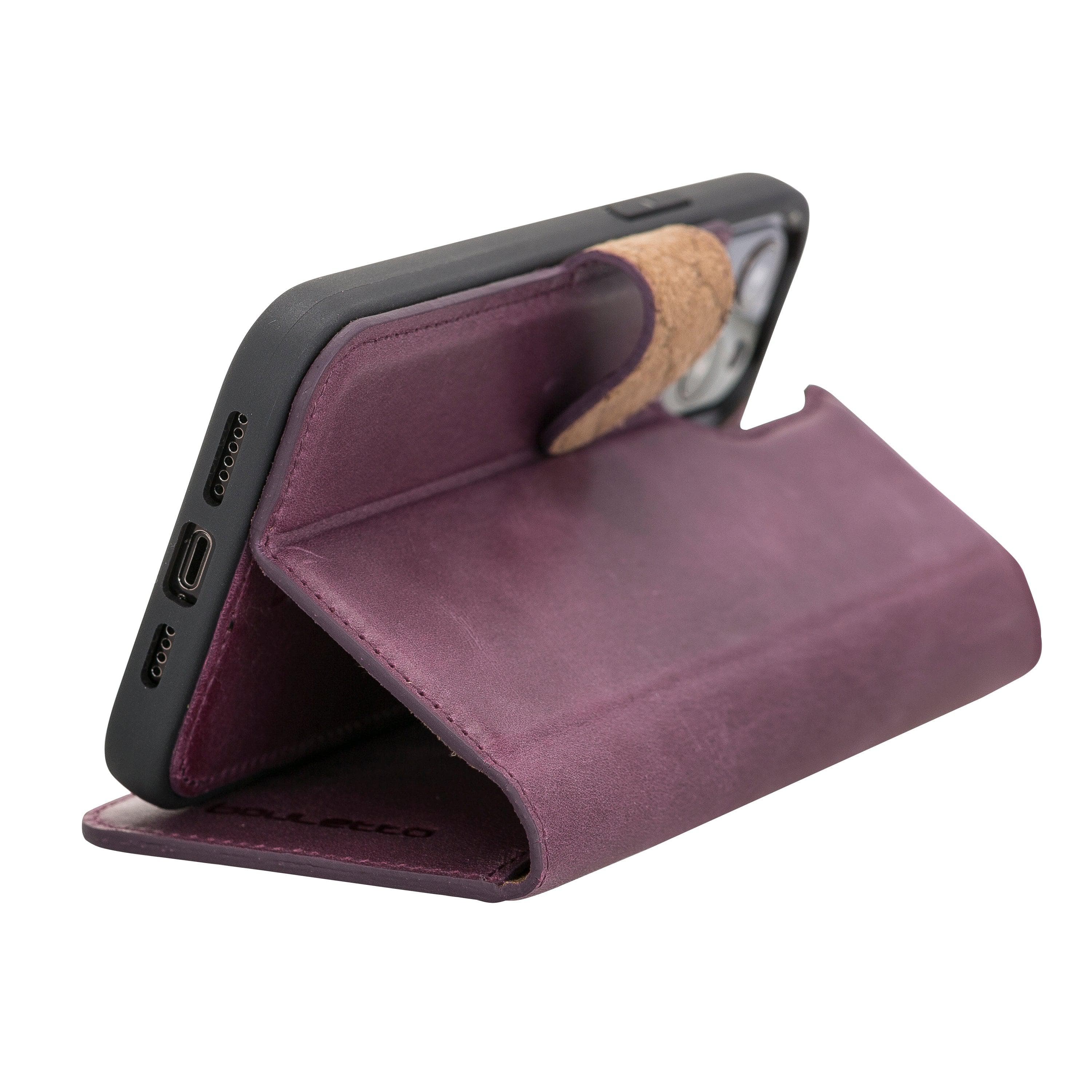 Bouletta iPhone 12 Series Detachable Leather Wallet Case in black, showcasing card slots and banknotes compartment.