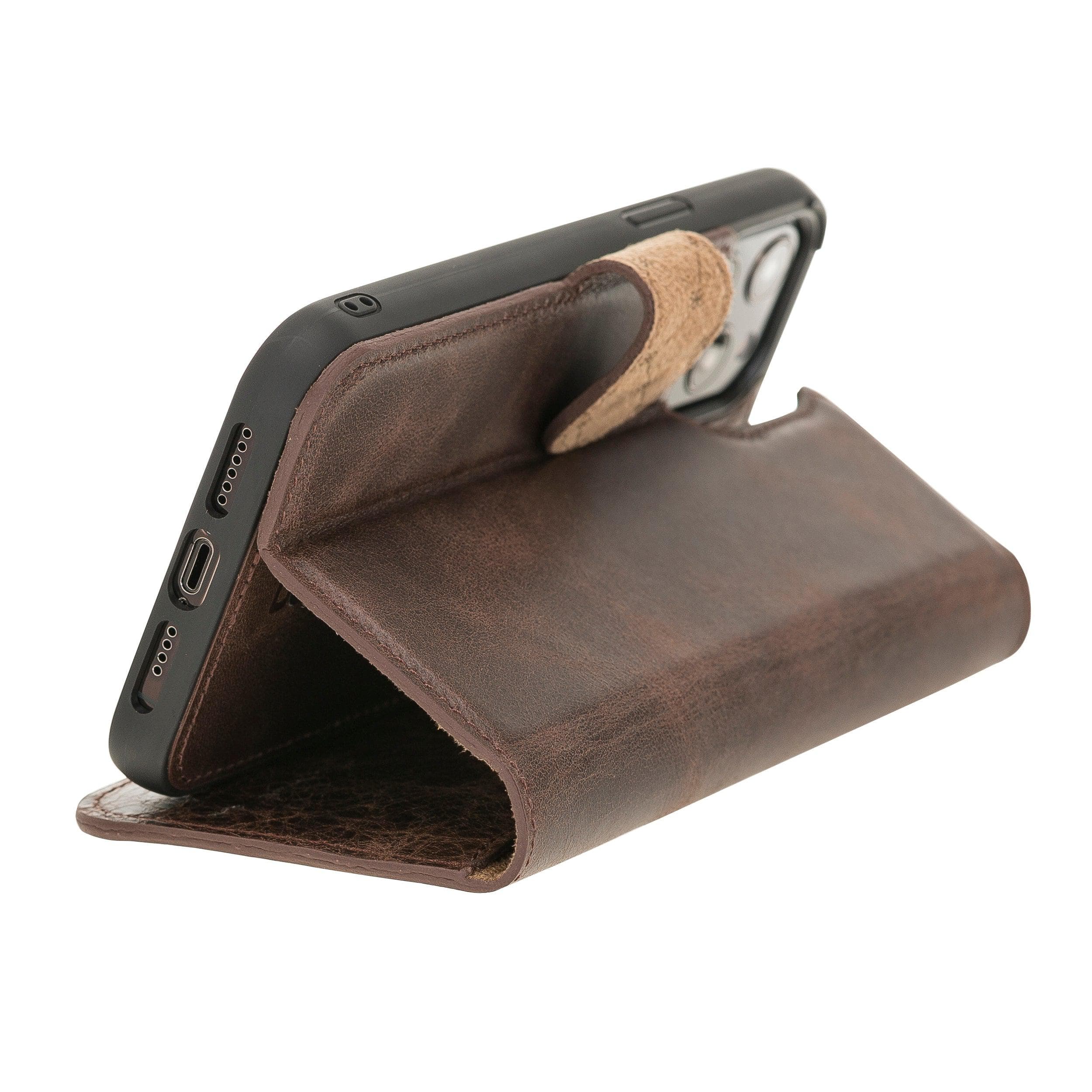 Bouletta iPhone 12 Series Detachable Leather Wallet Case in black, showcasing card slots and banknotes compartment.