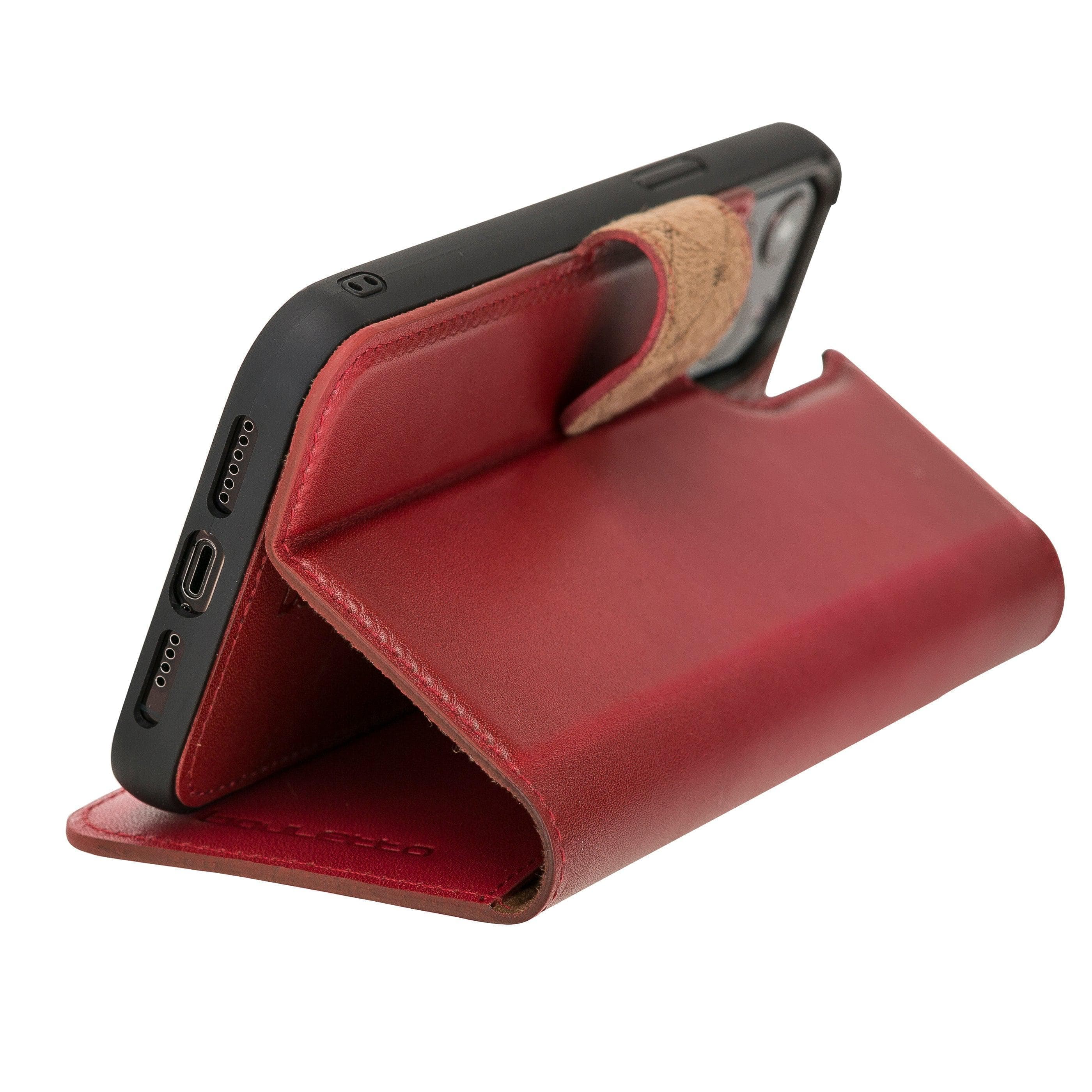 Bouletta iPhone 12 Series Detachable Leather Wallet Case in black, showcasing card slots and banknotes compartment.