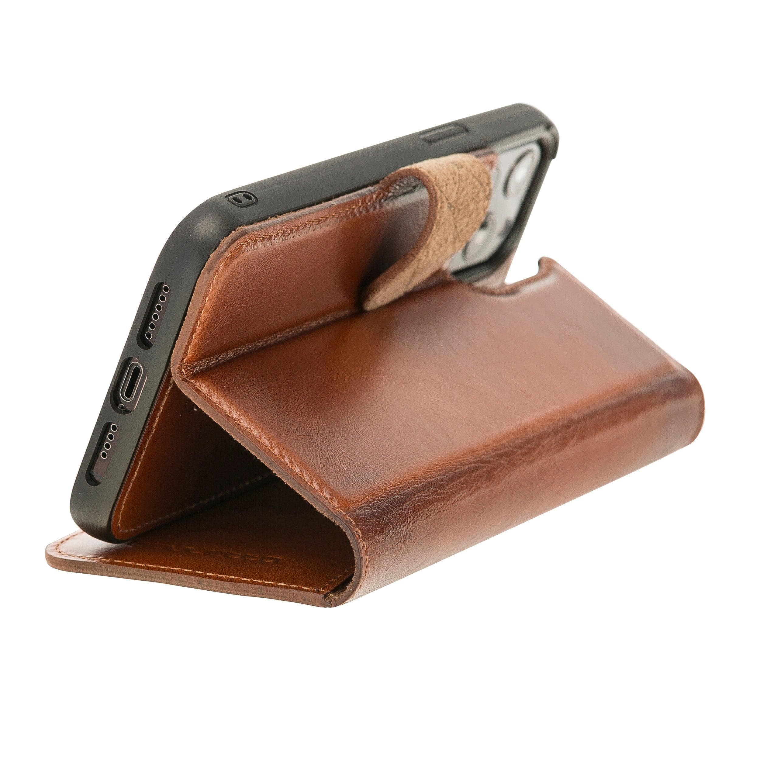 Bouletta iPhone 12 Series Detachable Leather Wallet Case in black, showcasing card slots and banknotes compartment.