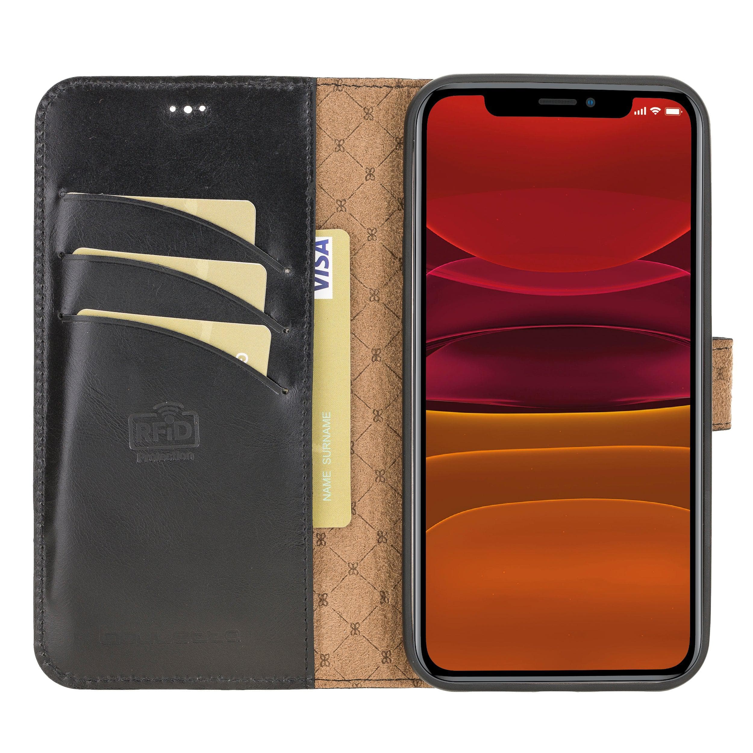 Bouletta iPhone 12 Series Detachable Leather Wallet Case in black, showcasing card slots and banknotes compartment.