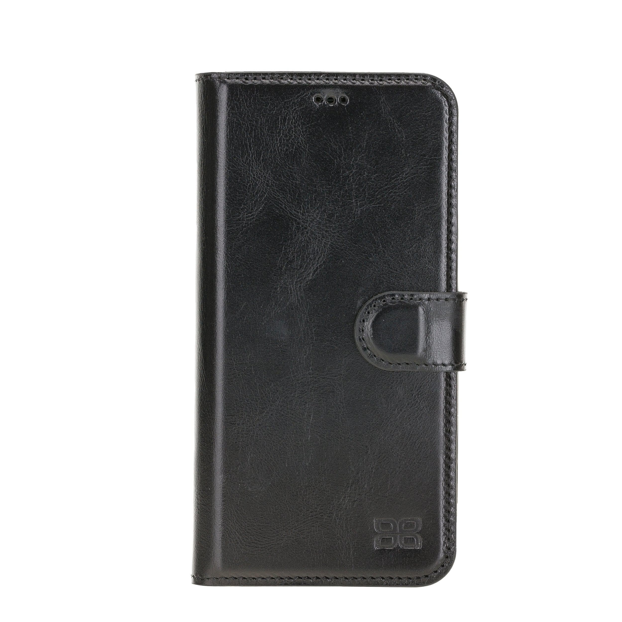 Bouletta iPhone 12 Series Detachable Leather Wallet Case in black, showcasing card slots and banknotes compartment.