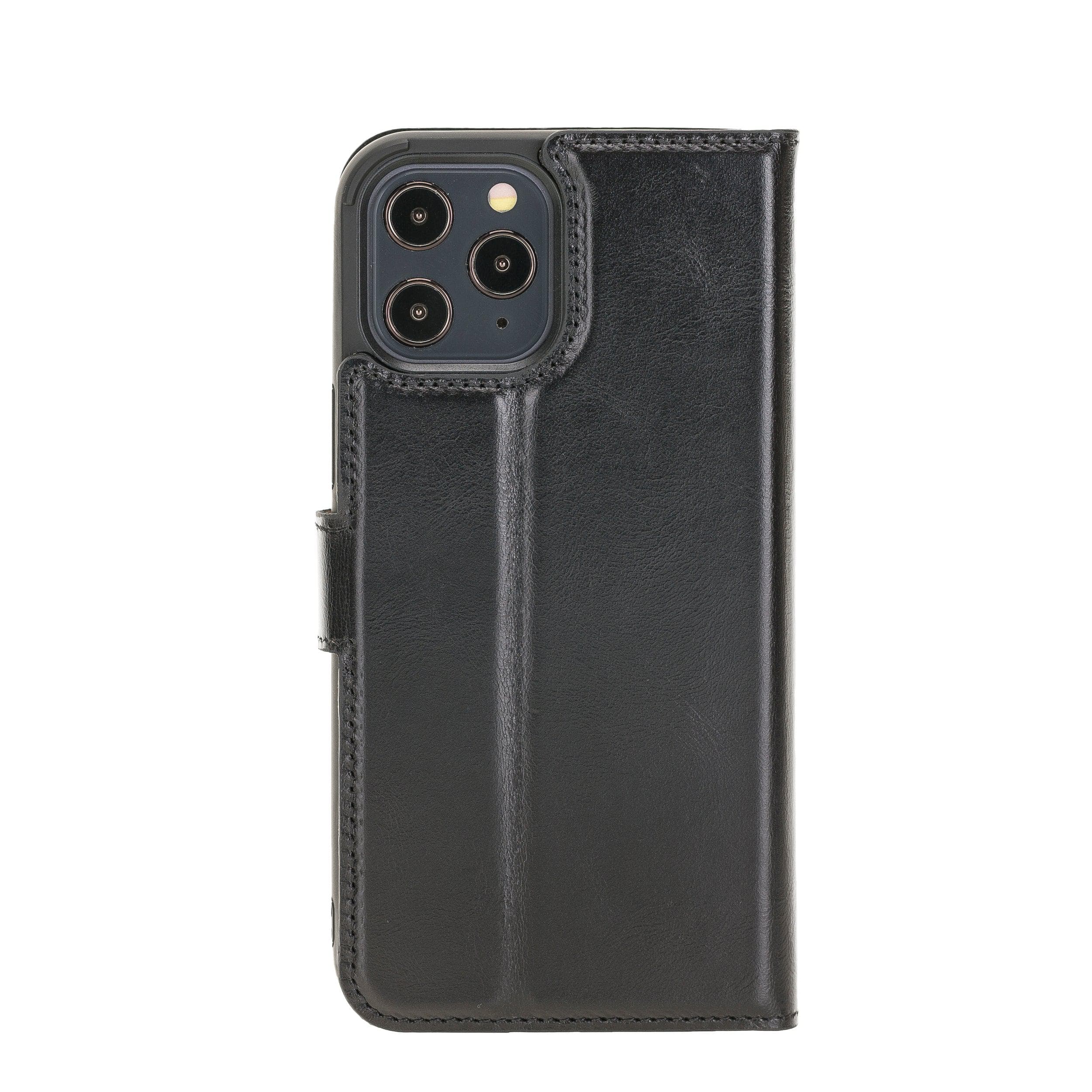 Bouletta iPhone 12 Series Detachable Leather Wallet Case in black, showcasing card slots and banknotes compartment.