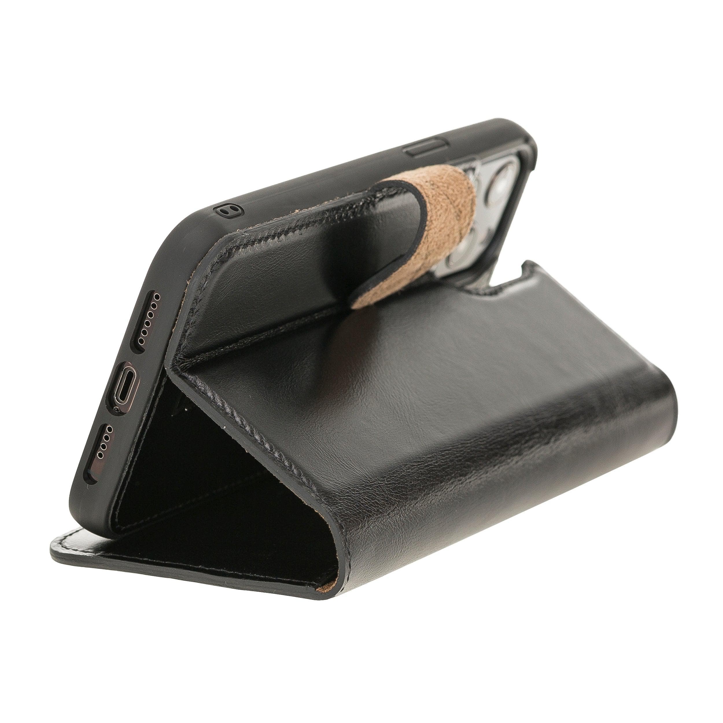 Bouletta iPhone 12 Series Detachable Leather Wallet Case in black, showcasing card slots and banknotes compartment.