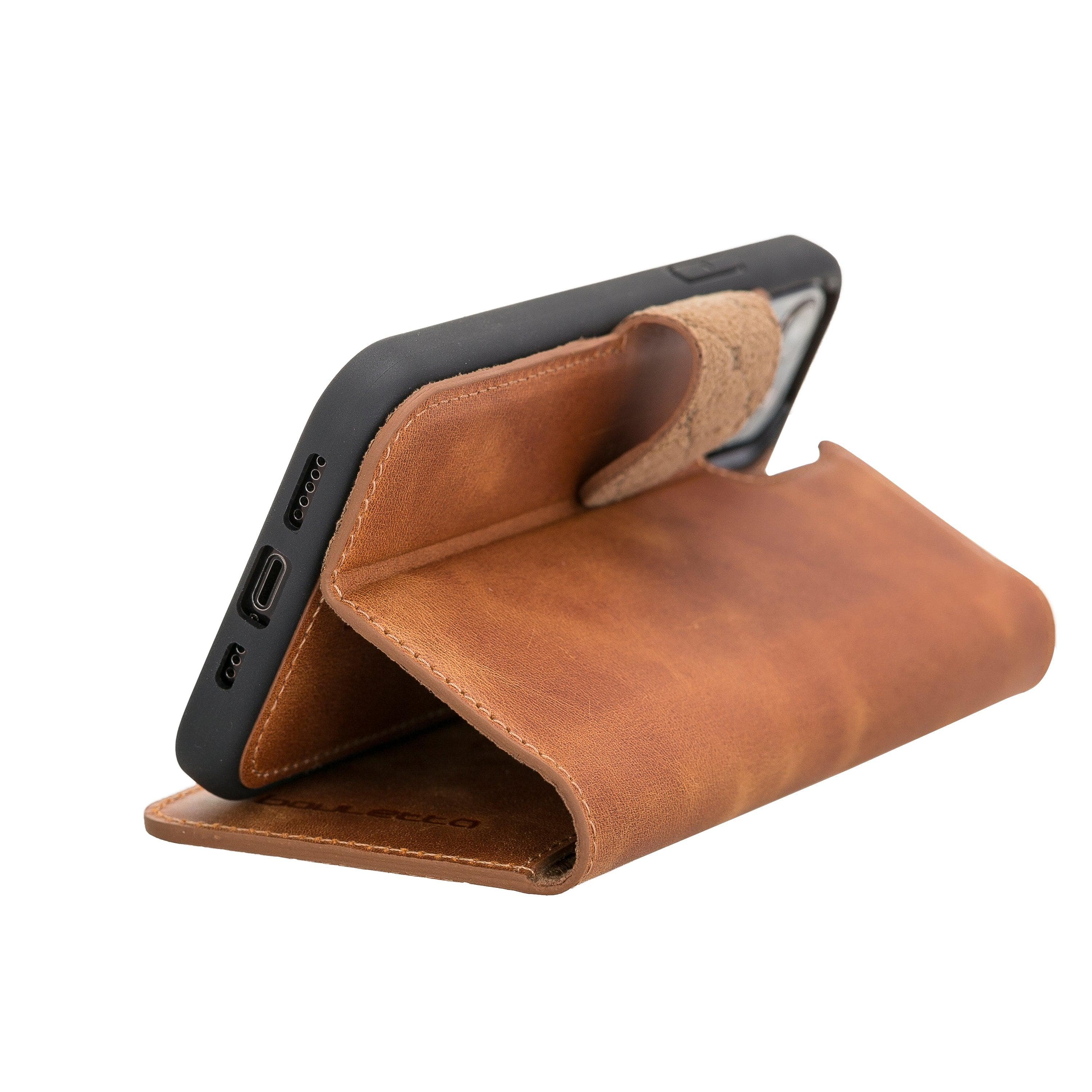 Bouletta iPhone 12 Series Detachable Leather Wallet Case in black, showcasing card slots and banknotes compartment.