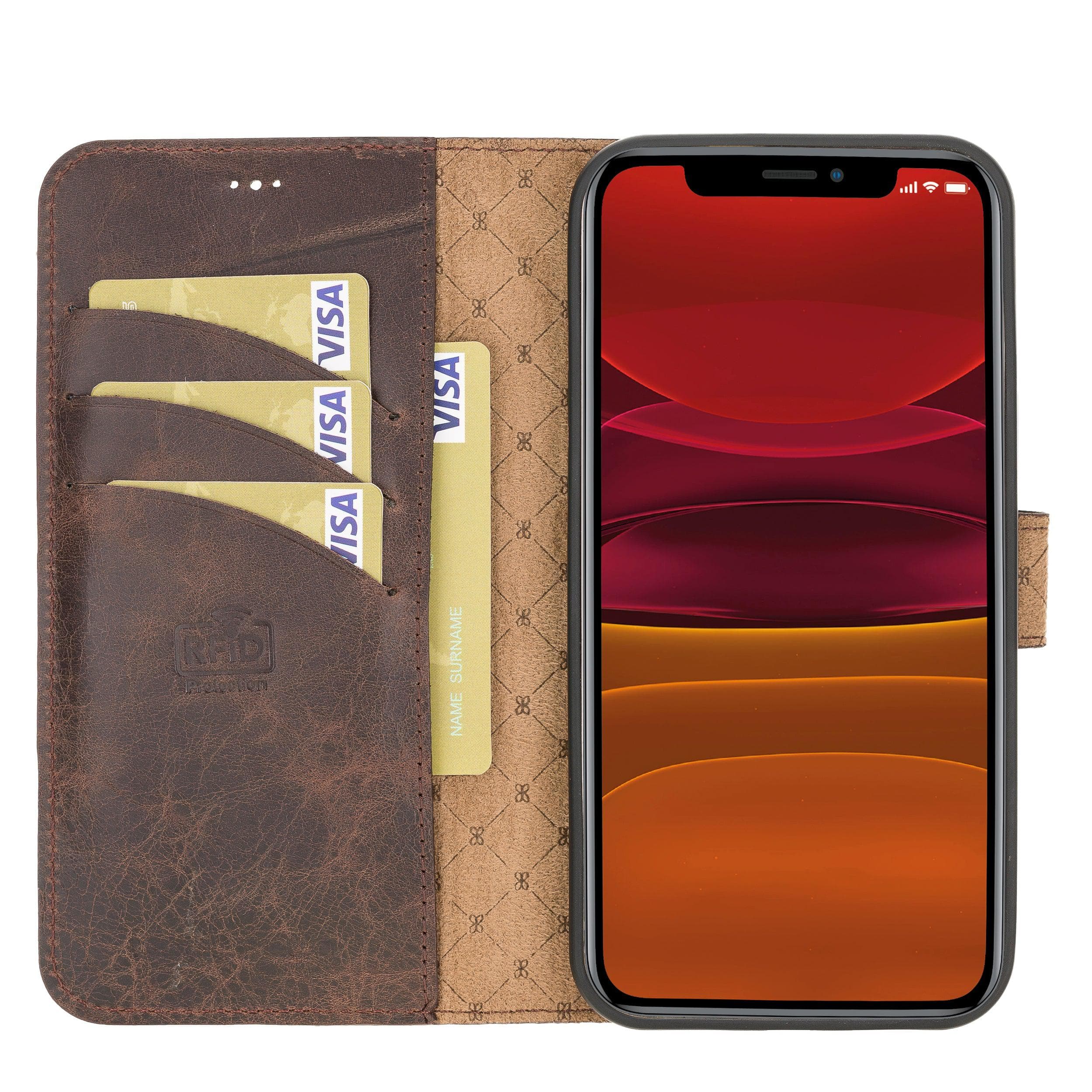 Bouletta iPhone 12 Series Detachable Leather Wallet Case in black, showcasing card slots and banknotes compartment.