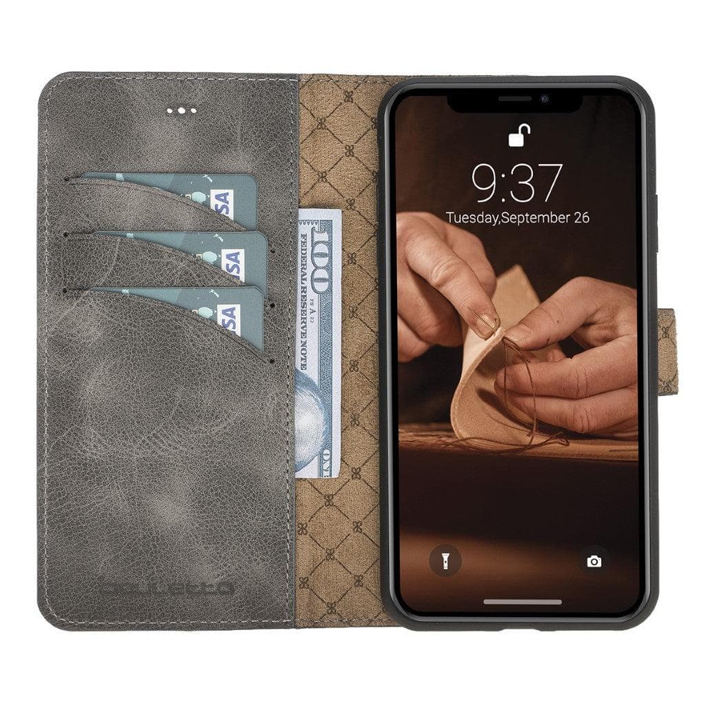 Apple iPhone X Series Detachable Leather Wallet Case in black, showcasing its sleek design, card slots, and kickstand feature.