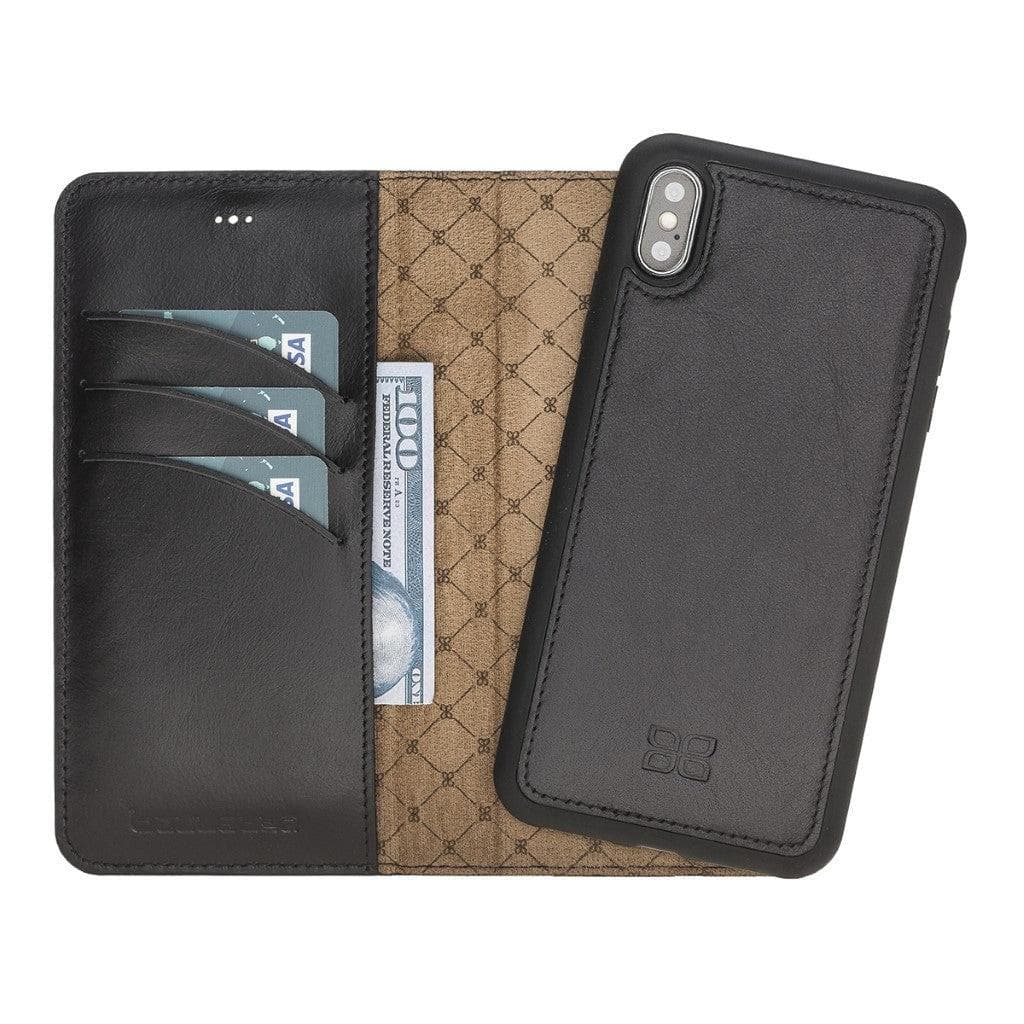 Apple iPhone X Series Detachable Leather Wallet Case in black, showcasing its sleek design, card slots, and kickstand feature.