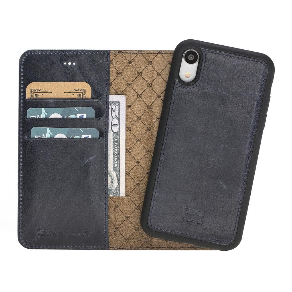 Apple iPhone X Series Detachable Leather Wallet Case in black, showcasing its sleek design, card slots, and kickstand feature.