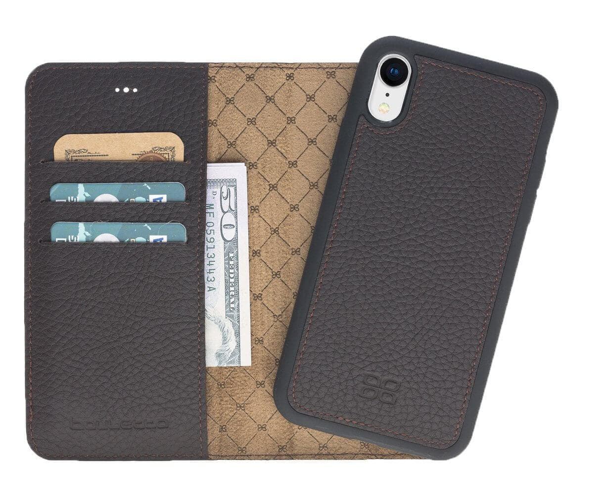 Apple iPhone X Series Detachable Leather Wallet Case in black, showcasing its sleek design, card slots, and kickstand feature.