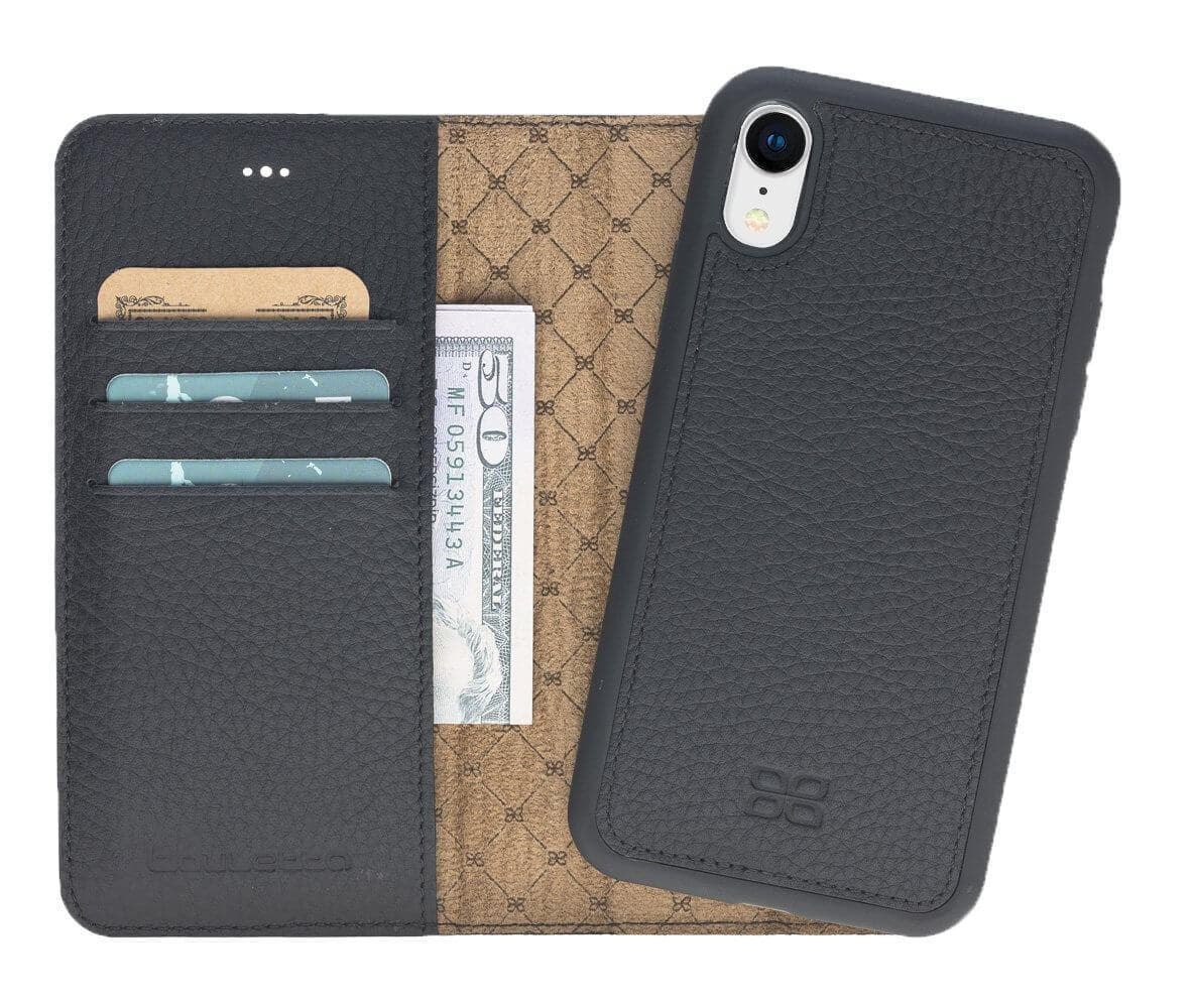 Apple iPhone X Series Detachable Leather Wallet Case in black, showcasing its sleek design, card slots, and kickstand feature.