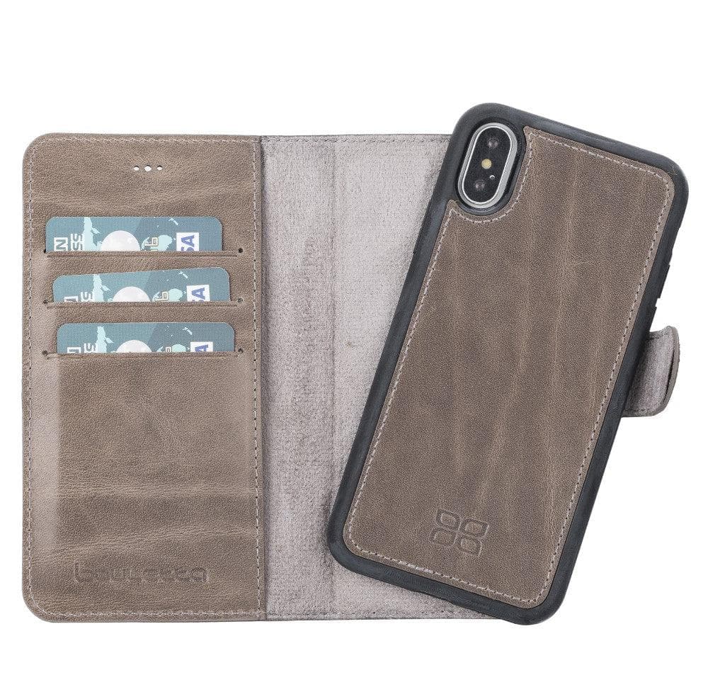 Apple iPhone X Series Detachable Leather Wallet Case in black, showcasing its sleek design, card slots, and kickstand feature.