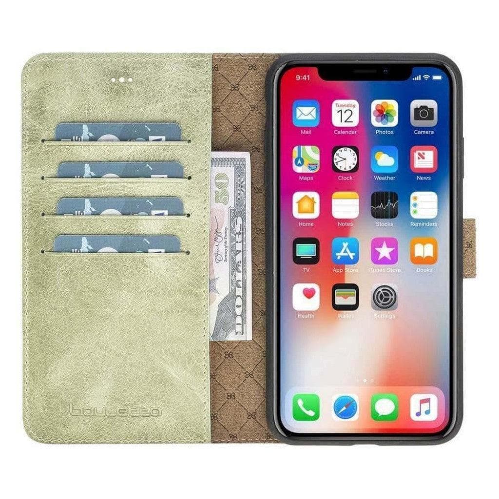 Apple iPhone X Series Detachable Leather Wallet Case in black, showcasing its sleek design, card slots, and kickstand feature.