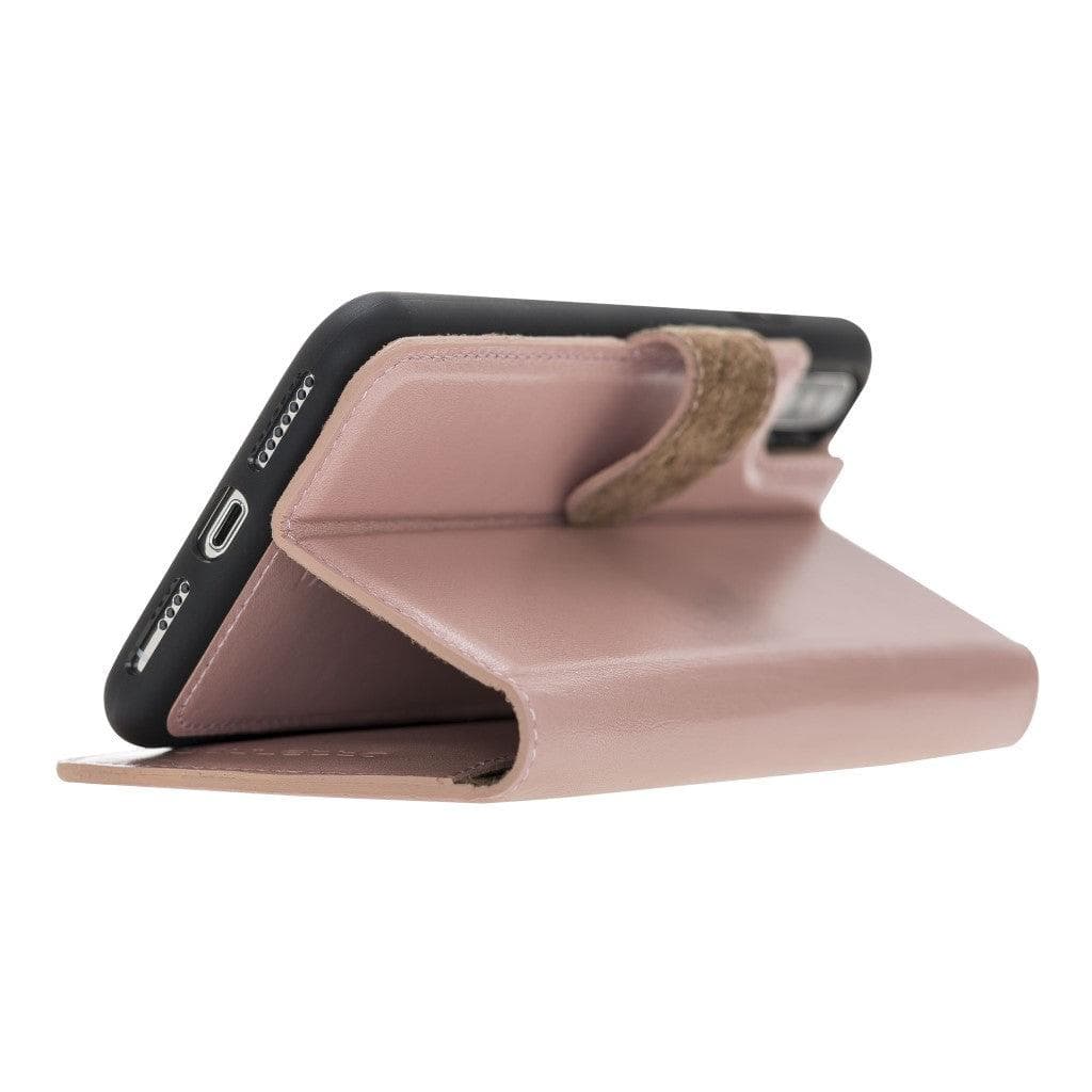 Apple iPhone X Series Detachable Leather Wallet Case in black, showcasing its sleek design, card slots, and kickstand feature.