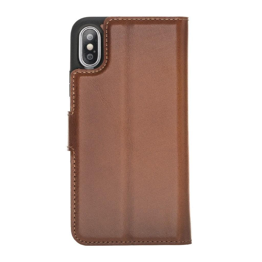 Apple iPhone X Series Detachable Leather Wallet Case in black, showcasing its sleek design, card slots, and kickstand feature.