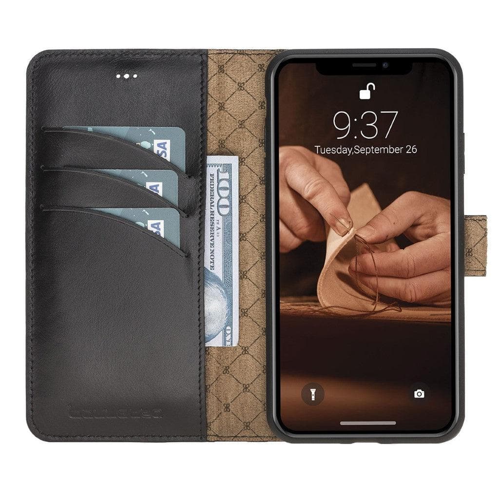 Apple iPhone X Series Detachable Leather Wallet Case in black, showcasing its sleek design, card slots, and kickstand feature.