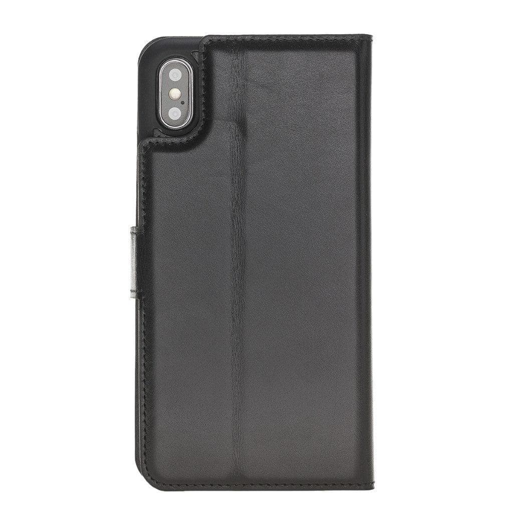 Apple iPhone X Series Detachable Leather Wallet Case in black, showcasing its sleek design, card slots, and kickstand feature.