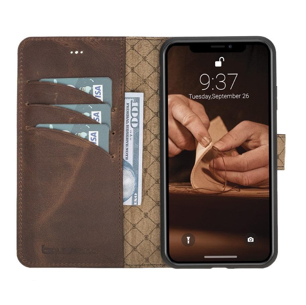 Apple iPhone X Series Detachable Leather Wallet Case in black, showcasing its sleek design, card slots, and kickstand feature.